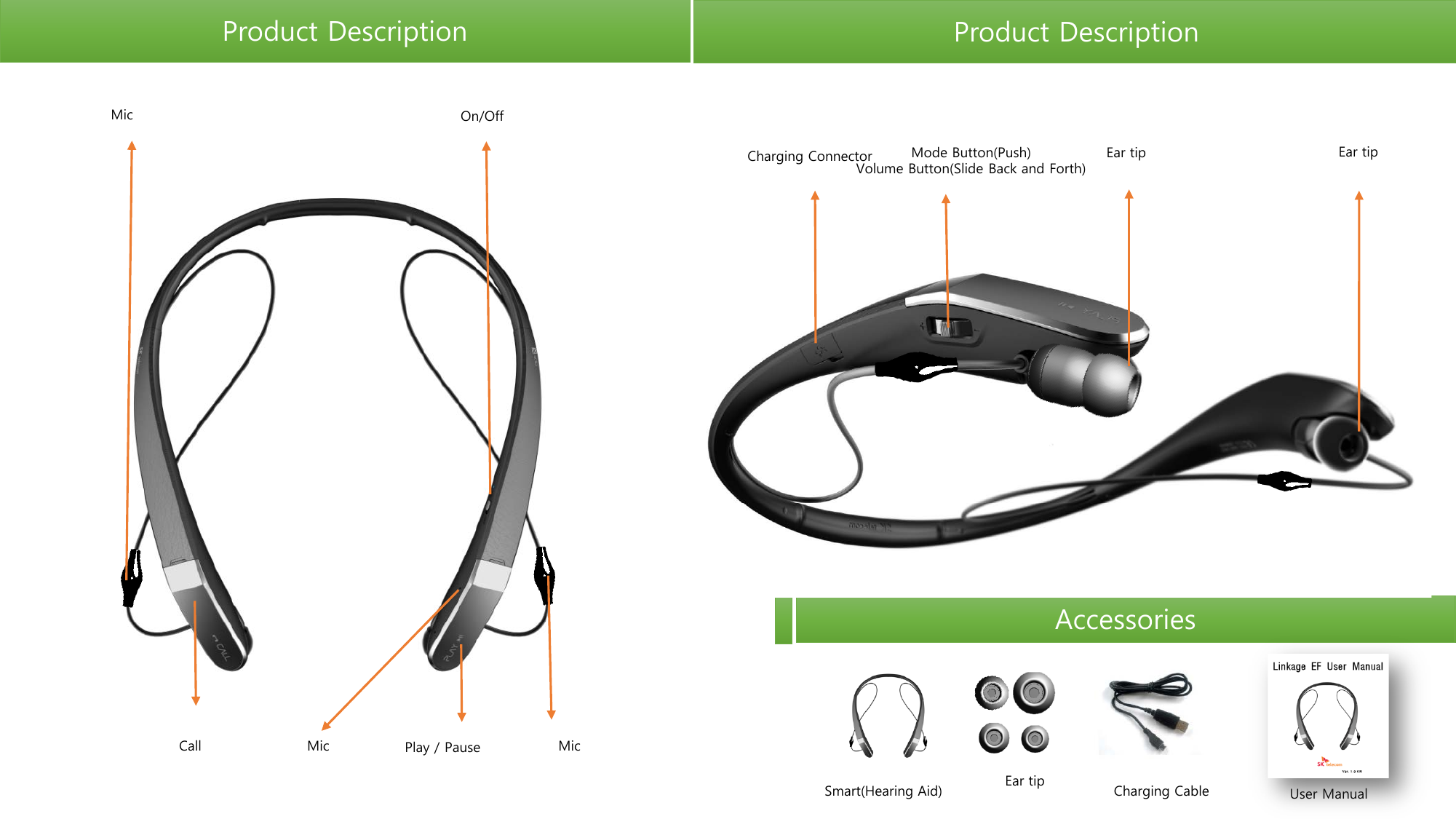 Product Description Product Description Accessories Smart(Hearing Aid) Ear tip  Charging Cable User Manual Charging Connector Mode Button(Push) Volume Button(Slide Back and Forth)  Ear tip Ear tip  On/Off  Call Play / Pause Mic Mic Mic 