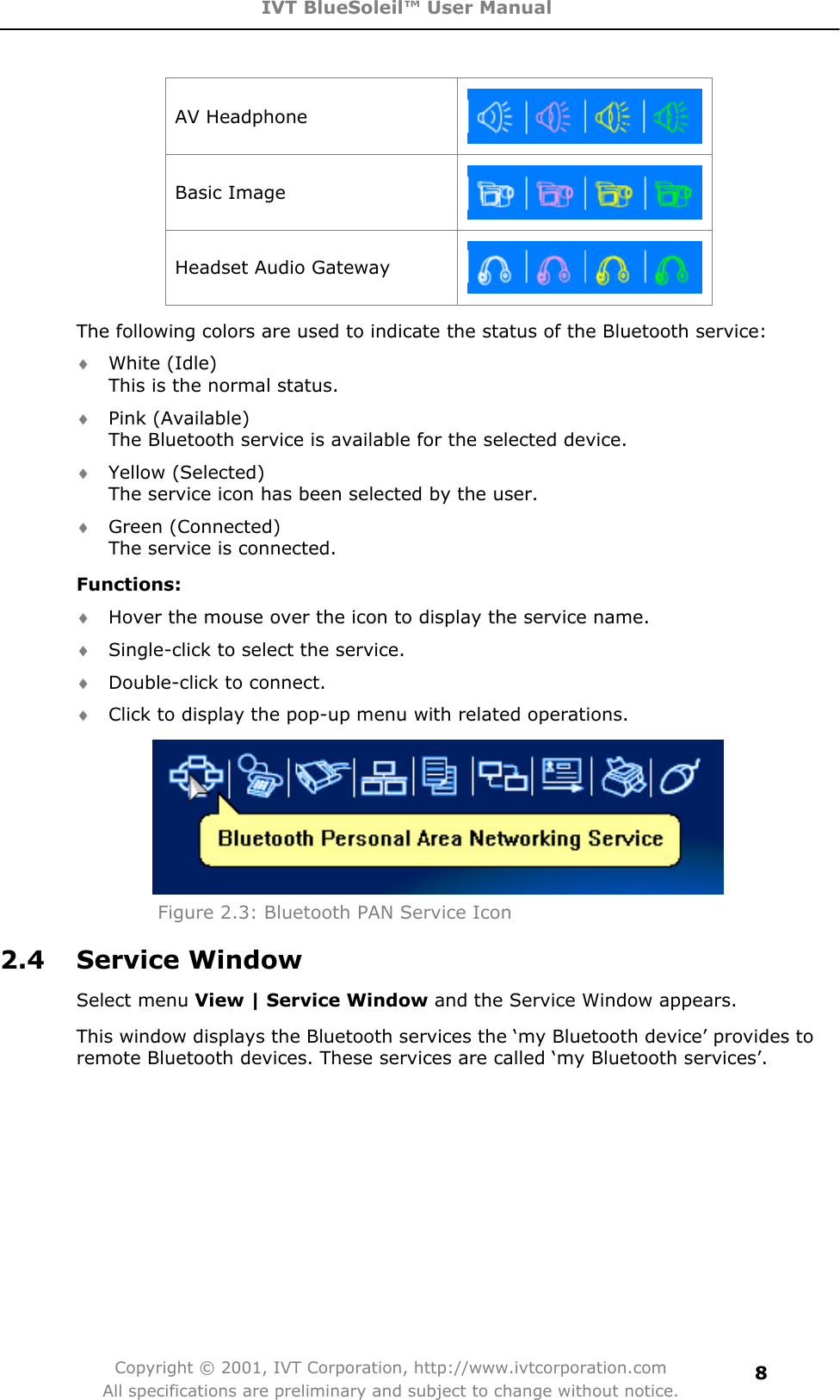 IVT BlueSoleil™ User Manual Copyright © 2001, IVT Corporation, http://www.ivtcorporation.com All specifications are preliminary and subject to change without notice.8AV Headphone Basic Image Headset Audio Gateway The following colors are used to indicate the status of the Bluetooth service:   i White (Idle) This is the normal status.   i Pink (Available) The Bluetooth service is available for the selected device. i Yellow (Selected) The service icon has been selected by the user.   i Green (Connected) The service is connected. Functions:i Hover the mouse over the icon to display the service name. i Single-click to select the service.   i Double-click to connect.   i Click to display the pop-up menu with related operations. Figure 2.3: Bluetooth PAN Service Icon   2.4 Service Window Select menu View | Service Window and the Service Window appears.   This window displays the Bluetooth services the ‘my Bluetooth device’ provides to remote Bluetooth devices. These services are called ‘my Bluetooth services’. 