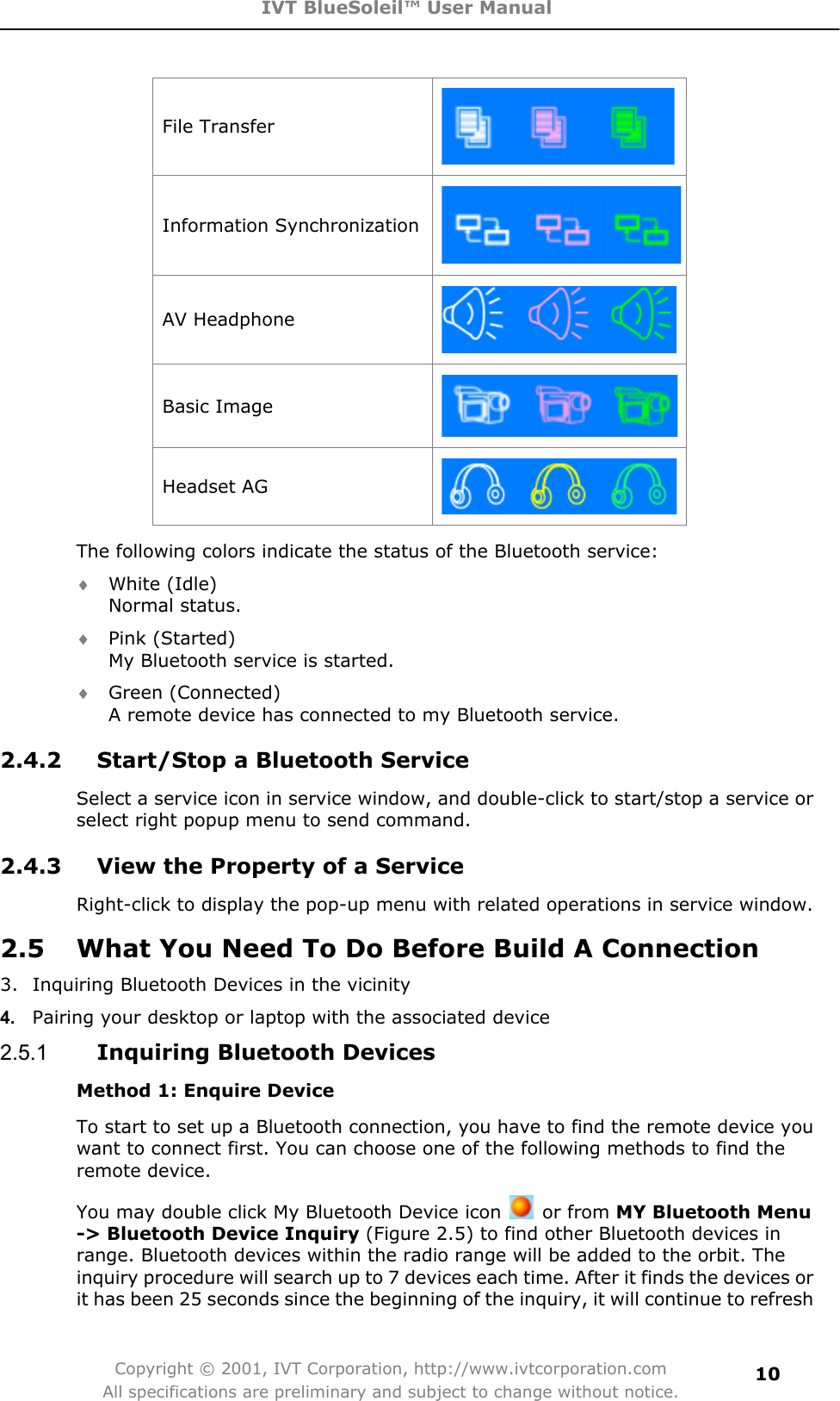 IVT BlueSoleil™ User Manual Copyright © 2001, IVT Corporation, http://www.ivtcorporation.com All specifications are preliminary and subject to change without notice.10File Transfer Information Synchronization AV Headphone   Basic Image Headset AG The following colors indicate the status of the Bluetooth service:   i White (Idle) Normal status. i Pink (Started) My Bluetooth service is started. i Green (Connected) A remote device has connected to my Bluetooth service. 2.4.2  Start/Stop a Bluetooth Service Select a service icon in service window, and double-click to start/stop a service or select right popup menu to send command. 2.4.3  View the Property of a Service Right-click to display the pop-up menu with related operations in service window. 2.5  What You Need To Do Before Build A Connection 3.  Inquiring Bluetooth Devices in the vicinity 4. Pairing your desktop or laptop with the associated device2.5.1 Inquiring Bluetooth DevicesMethod 1: Enquire Device To start to set up a Bluetooth connection, you have to find the remote device you want to connect first. You can choose one of the following methods to find the remote device. You may double click My Bluetooth Device icon   or from MY Bluetooth Menu -&gt; Bluetooth Device Inquiry (Figure 2.5) to find other Bluetooth devices in range. Bluetooth devices within the radio range will be added to the orbit. The inquiry procedure will search up to 7 devices each time. After it finds the devices or it has been 25 seconds since the beginning of the inquiry, it will continue to refresh 