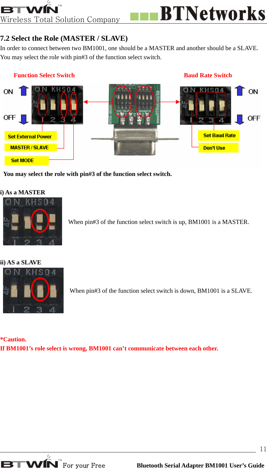   Wireless Total Solution Company                                                                                                                                                                                                                 For your Free          Bluetooth Serial Adapter BM1001 User’s Guide 117.2 Select the Role (MASTER / SLAVE) In order to connect between two BM1001, one should be a MASTER and another should be a SLAVE. You may select the role with pin#3 of the function select switch.   Function Select Switch       Baud Rate Switch  You may select the role with pin#3 of the function select switch.  i) As a MASTER When pin#3 of the function select switch is up, BM1001 is a MASTER.      ii) AS a SLAVE  When pin#3 of the function select switch is down, BM1001 is a SLAVE.   *Caution.  If BM1001’s role select is wrong, BM1001 can’t communicate between each other. 