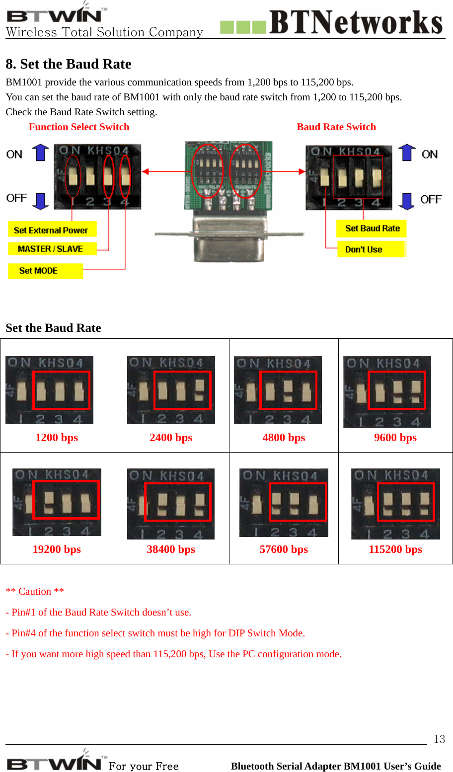   Wireless Total Solution Company                                                                                                                                                                                                                 For your Free          Bluetooth Serial Adapter BM1001 User’s Guide 138. Set the Baud Rate BM1001 provide the various communication speeds from 1,200 bps to 115,200 bps. You can set the baud rate of BM1001 with only the baud rate switch from 1,200 to 115,200 bps.   Check the Baud Rate Switch setting.    Function Select Switch       Baud Rate Switch    Set the Baud Rate           1200 bps  2400 bps  4800 bps  9600 bps         19200 bps  38400 bps  57600 bps  115200 bps  ** Caution **   - Pin#1 of the Baud Rate Switch doesn’t use. - Pin#4 of the function select switch must be high for DIP Switch Mode.   - If you want more high speed than 115,200 bps, Use the PC configuration mode.  