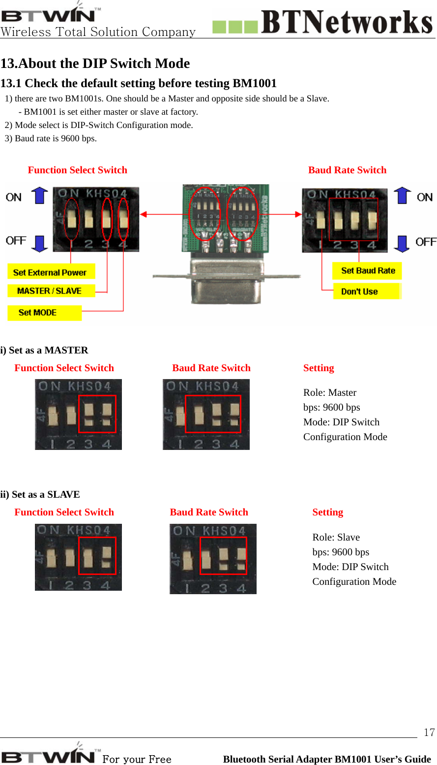   Wireless Total Solution Company                                                                                                                                                                                                                 For your Free          Bluetooth Serial Adapter BM1001 User’s Guide 1713.About the DIP Switch Mode 13.1 Check the default setting before testing BM1001   1) there are two BM1001s. One should be a Master and opposite side should be a Slave.         - BM1001 is set either master or slave at factory. 2) Mode select is DIP-Switch Configuration mode.   3) Baud rate is 9600 bps.   Function Select Switch       Baud Rate Switch   i) Set as a MASTER Function Select Switch  Baud Rate Switch  Setting    Role: Master bps: 9600 bps Mode: DIP Switch Configuration Mode      ii) Set as a SLAVE   Function Select Switch  Baud Rate Switch  Setting   Role: Slave bps: 9600 bps Mode: DIP Switch Configuration Mode  