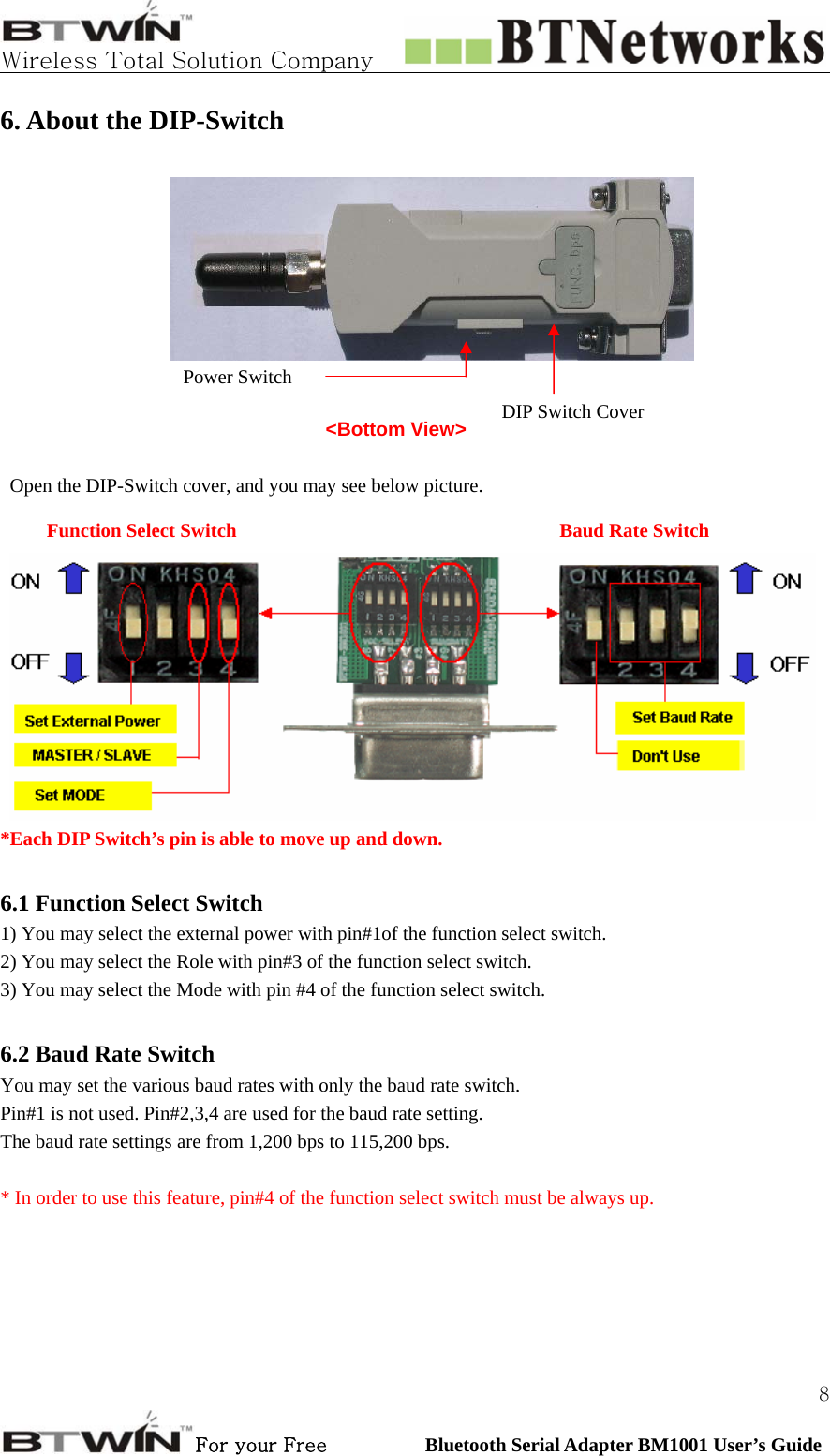   Wireless Total Solution Company                                                                                                                                                                                                                 For your Free          Bluetooth Serial Adapter BM1001 User’s Guide 86. About the DIP-Switch      Open the DIP-Switch cover, and you may see below picture.  Function Select Switch       Baud Rate Switch *Each DIP Switch’s pin is able to move up and down.  6.1 Function Select Switch 1) You may select the external power with pin#1of the function select switch. 2) You may select the Role with pin#3 of the function select switch. 3) You may select the Mode with pin #4 of the function select switch.    6.2 Baud Rate Switch You may set the various baud rates with only the baud rate switch. Pin#1 is not used. Pin#2,3,4 are used for the baud rate setting. The baud rate settings are from 1,200 bps to 115,200 bps.  * In order to use this feature, pin#4 of the function select switch must be always up. DIP Switch Cover &lt;Bottom View&gt; Power Switch 