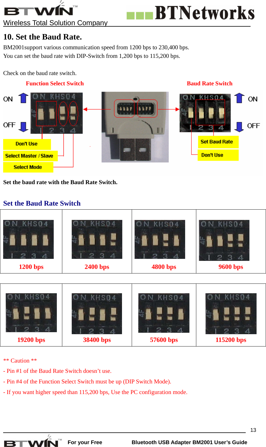    Wireless Total Solution Company                                                                                                                                                                 For your Free           Bluetooth USB Adapter BM2001 User&rsquo;s Guide 1310. Set the Baud Rate. BM2001support various communication speed from 1200 bps to 230,400 bps.   You can set the baud rate with DIP-Switch from 1,200 bps to 115,200 bps.    Check on the baud rate switch.      Function Select Switch  Baud Rate Switch Set the baud rate with the Baud Rate Switch.  Set the Baud Rate Switch         1200 bps  2400 bps  4800 bps  9600 bps             19200 bps  38400 bps  57600 bps  115200 bps     ** Caution **       - Pin #1 of the Baud Rate Switch doesn&rsquo;t use. - Pin #4 of the Function Select Switch must be up (DIP Switch Mode). - If you want higher speed than 115,200 bps, Use the PC configuration mode.   