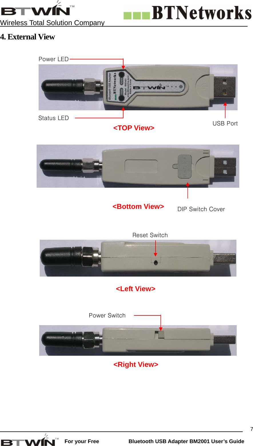    Wireless Total Solution Company                                                                                                                                                                 For your Free           Bluetooth USB Adapter BM2001 User&rsquo;s Guide 74. External View                  Power LED <TOP View>  <Bottom View>  DIP Switch Cover  <Left View>  <Right View>Reset SwitchPower SwitchUSB Port Status LED 