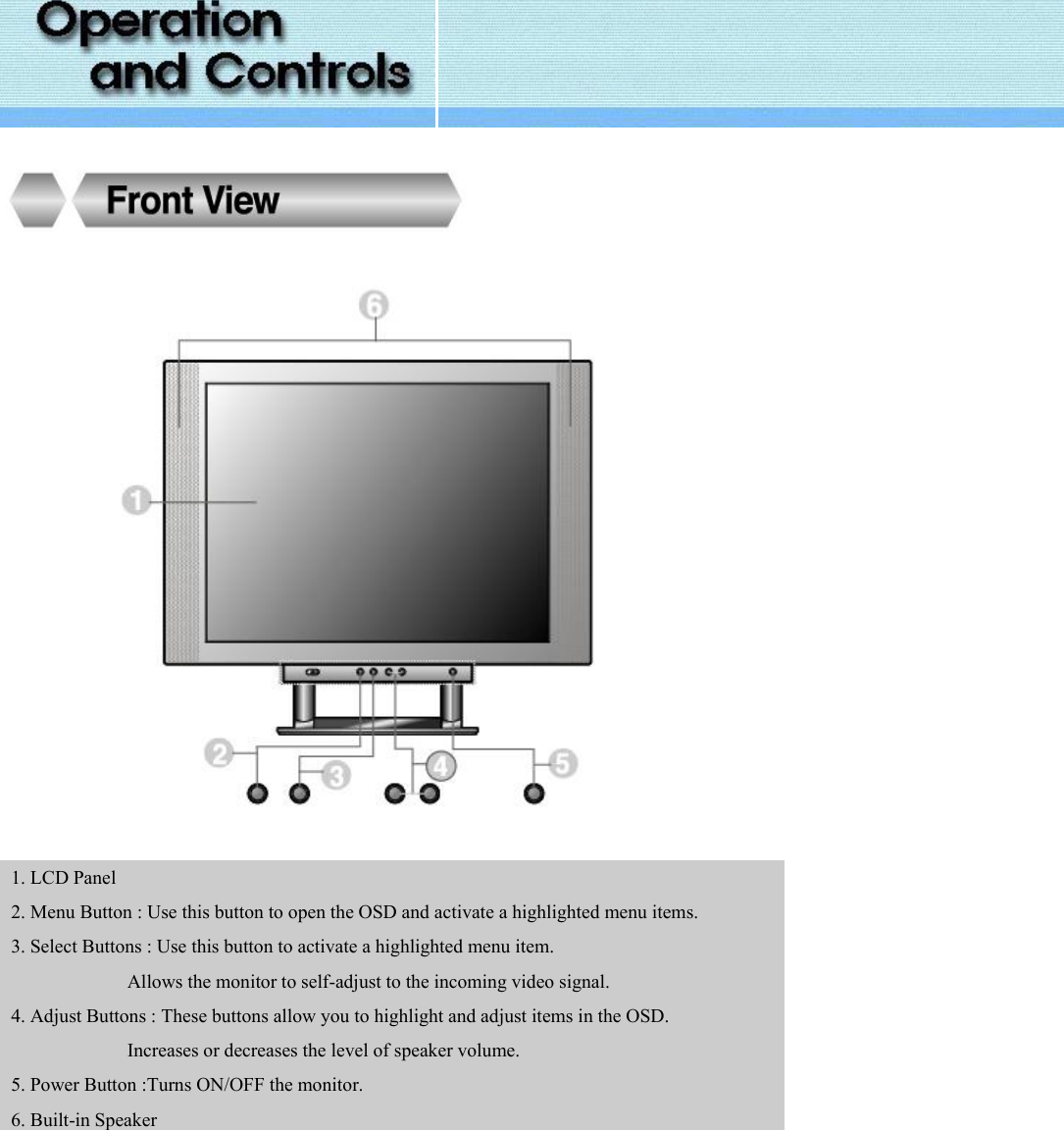         1. LCD Panel 2. Menu Button : Use this button to open the OSD and activate a highlighted menu items. 3. Select Buttons : Use this button to activate a highlighted menu item. Allows the monitor to self-adjust to the incoming video signal. 4. Adjust Buttons : These buttons allow you to highlight and adjust items in the OSD. Increases or decreases the level of speaker volume. 5. Power Button :Turns ON/OFF the monitor. 6. Built-in Speaker   