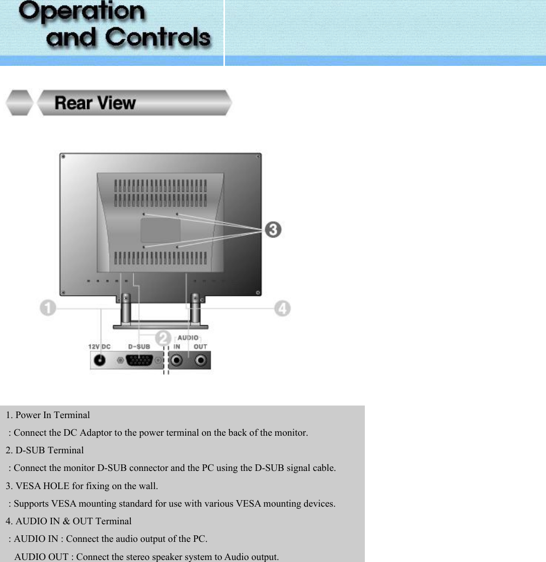          1. Power In Terminal  : Connect the DC Adaptor to the power terminal on the back of the monitor. 2. D-SUB Terminal  : Connect the monitor D-SUB connector and the PC using the D-SUB signal cable. 3. VESA HOLE for fixing on the wall. : Supports VESA mounting standard for use with various VESA mounting devices.  4. AUDIO IN &amp; OUT Terminal  : AUDIO IN : Connect the audio output of the PC. AUDIO OUT : Connect the stereo speaker system to Audio output.   