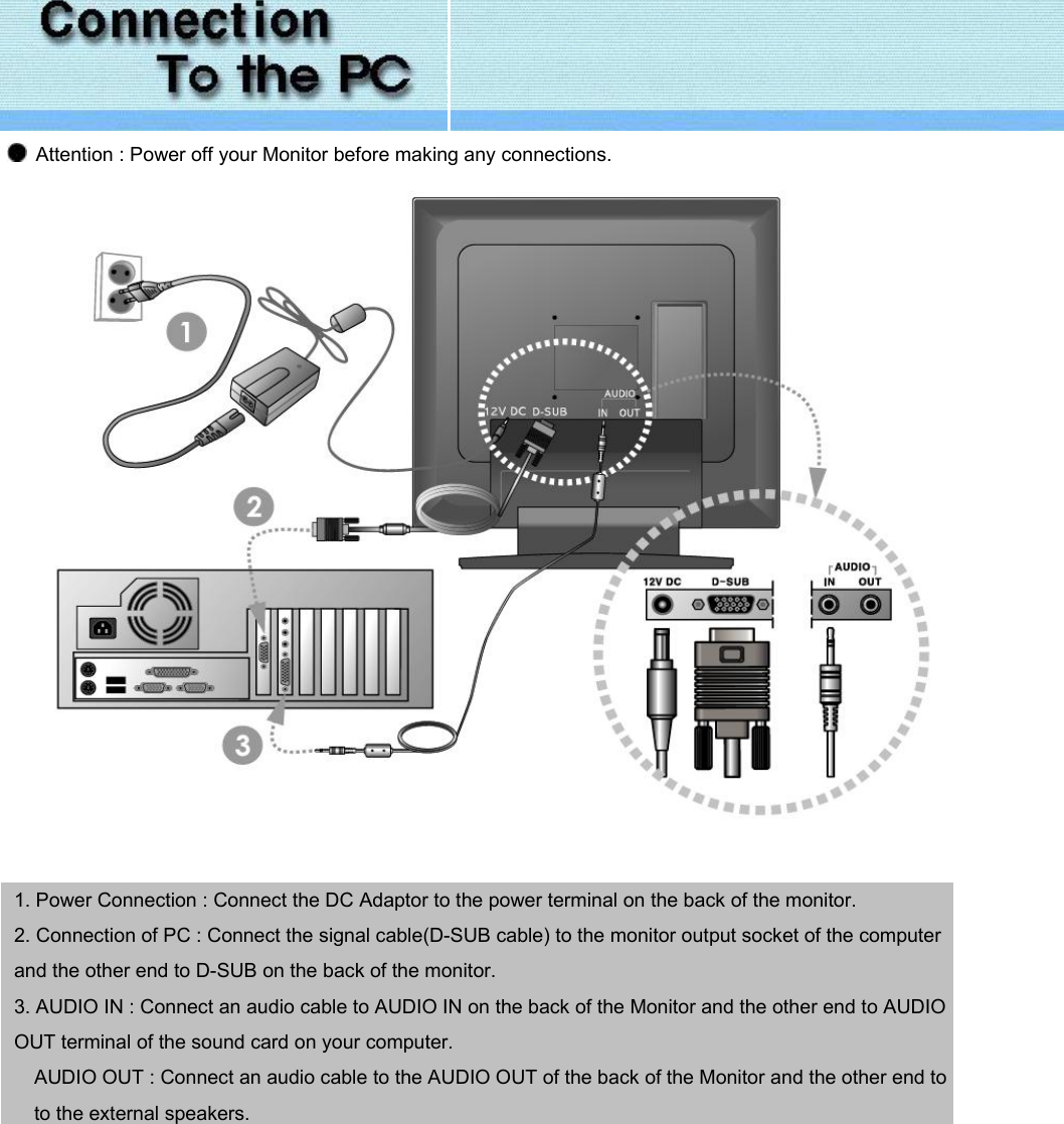     Attention : Power off your Monitor before making any connections.            1. Power Connection : Connect the DC Adaptor to the power terminal on the back of the monitor. 2. Connection of PC : Connect the signal cable(D-SUB cable) to the monitor output socket of the computer and the other end to D-SUB on the back of the monitor. 3. AUDIO IN : Connect an audio cable to AUDIO IN on the back of the Monitor and the other end to AUDIO OUT terminal of the sound card on your computer. AUDIO OUT : Connect an audio cable to the AUDIO OUT of the back of the Monitor and the other end to to the external speakers.   