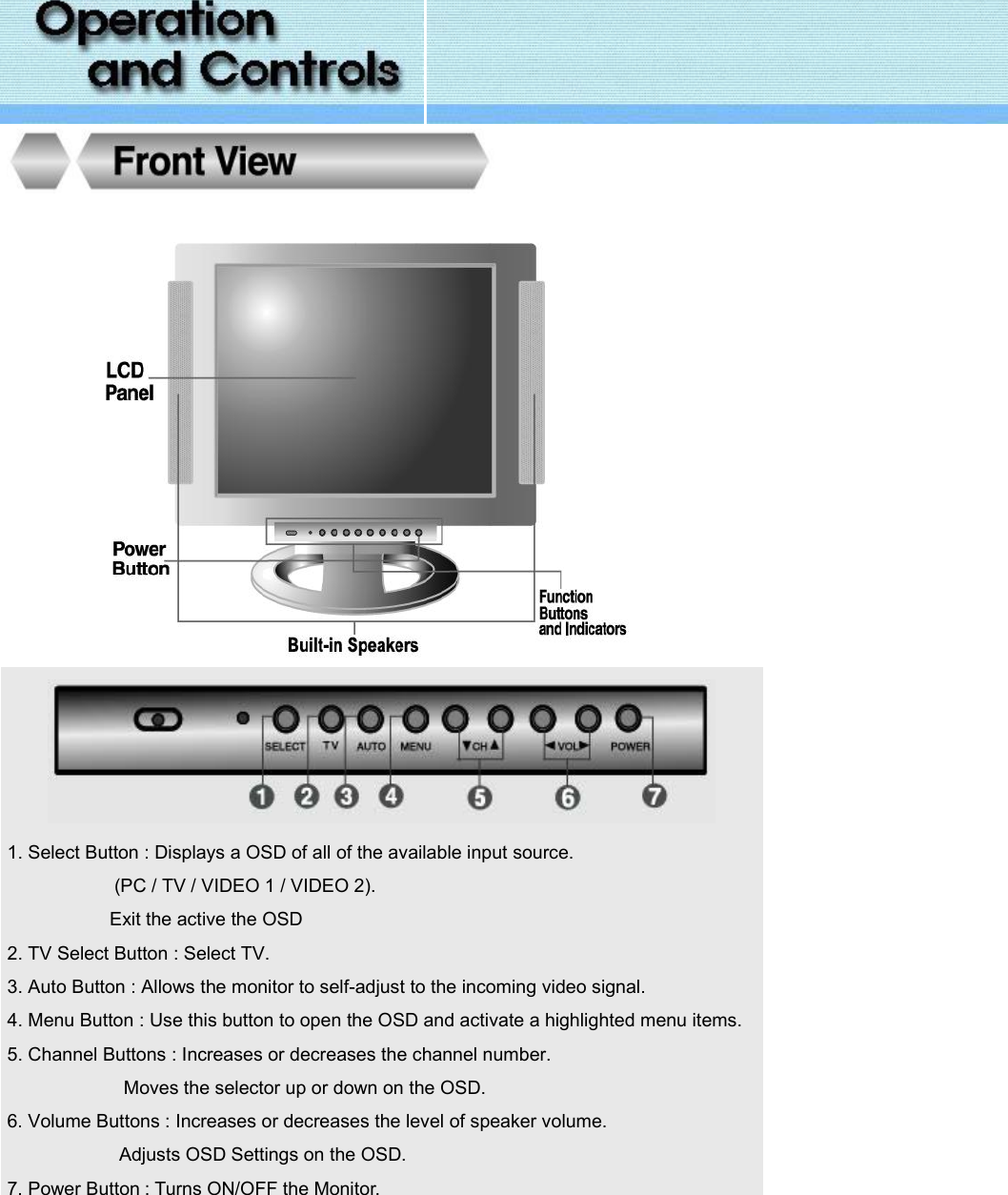                            1. Select Button : Displays a OSD of all of the available input source.  (PC / TV / VIDEO 1 / VIDEO 2). Exit the active the OSD 2. TV Select Button : Select TV. 3. Auto Button : Allows the monitor to self-adjust to the incoming video signal. 4. Menu Button : Use this button to open the OSD and activate a highlighted menu items. 5. Channel Buttons : Increases or decreases the channel number. Moves the selector up or down on the OSD. 6. Volume Buttons : Increases or decreases the level of speaker volume. Adjusts OSD Settings on the OSD. 7. Power Button : Turns ON/OFF the Monitor.     