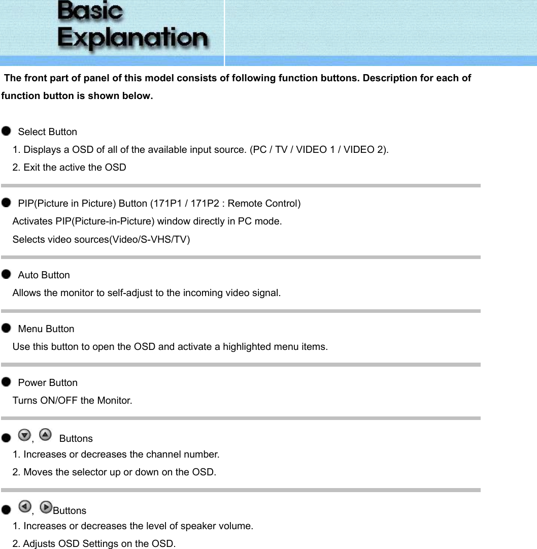   The front part of panel of this model consists of following function buttons. Description for each of function button is shown below.      Select Button 1. Displays a OSD of all of the available input source. (PC / TV / VIDEO 1 / VIDEO 2). 2. Exit the active the OSD     PIP(Picture in Picture) Button (171P1 / 171P2 : Remote Control) Activates PIP(Picture-in-Picture) window directly in PC mode. Selects video sources(Video/S-VHS/TV)     Auto Button Allows the monitor to self-adjust to the incoming video signal.     Menu Button Use this button to open the OSD and activate a highlighted menu items.     Power Button Turns ON/OFF the Monitor.     ,     Buttons 1. Increases or decreases the channel number. 2. Moves the selector up or down on the OSD.     ,  Buttons 1. Increases or decreases the level of speaker volume. 2. Adjusts OSD Settings on the OSD. 