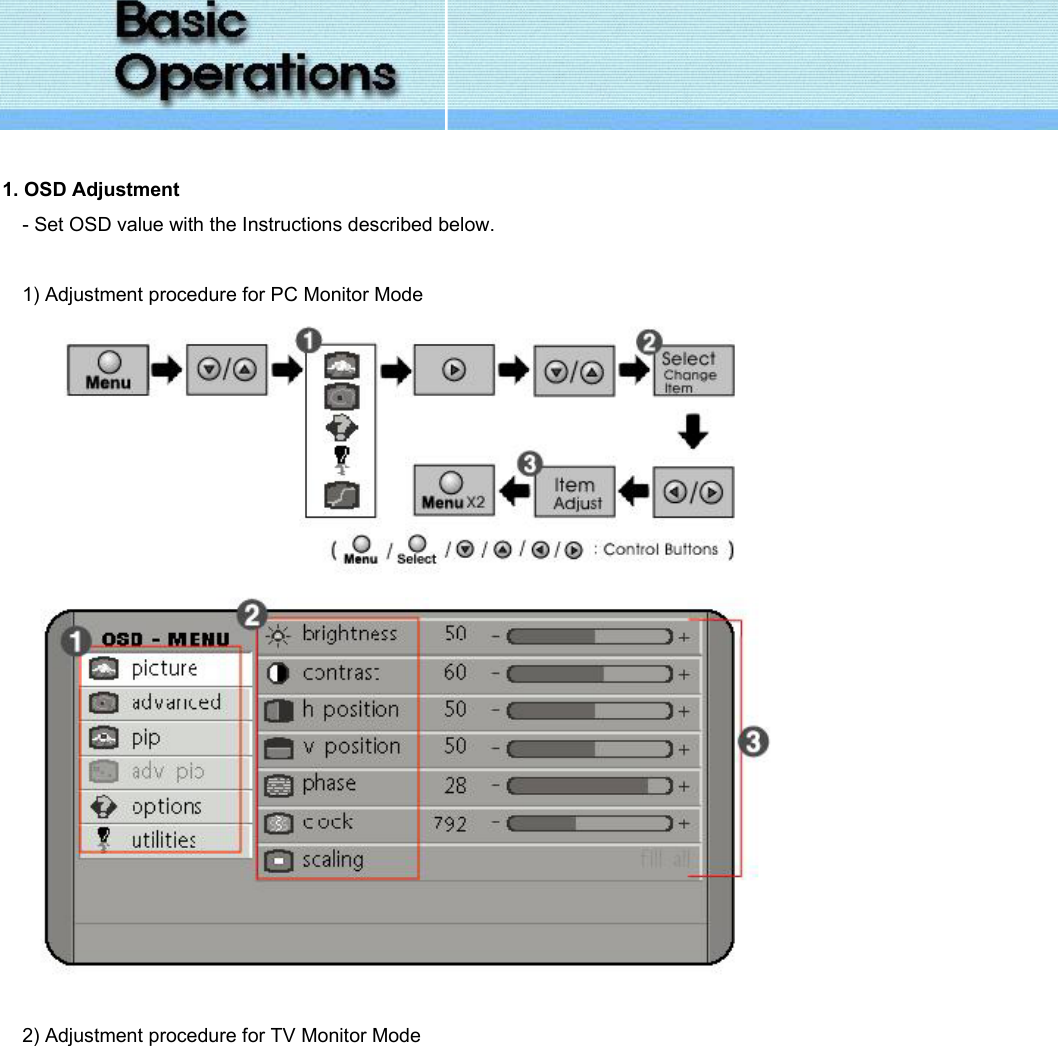    1. OSD Adjustment - Set OSD value with the Instructions described below.   1) Adjustment procedure for PC Monitor Mode    2) Adjustment procedure for TV Monitor Mode 