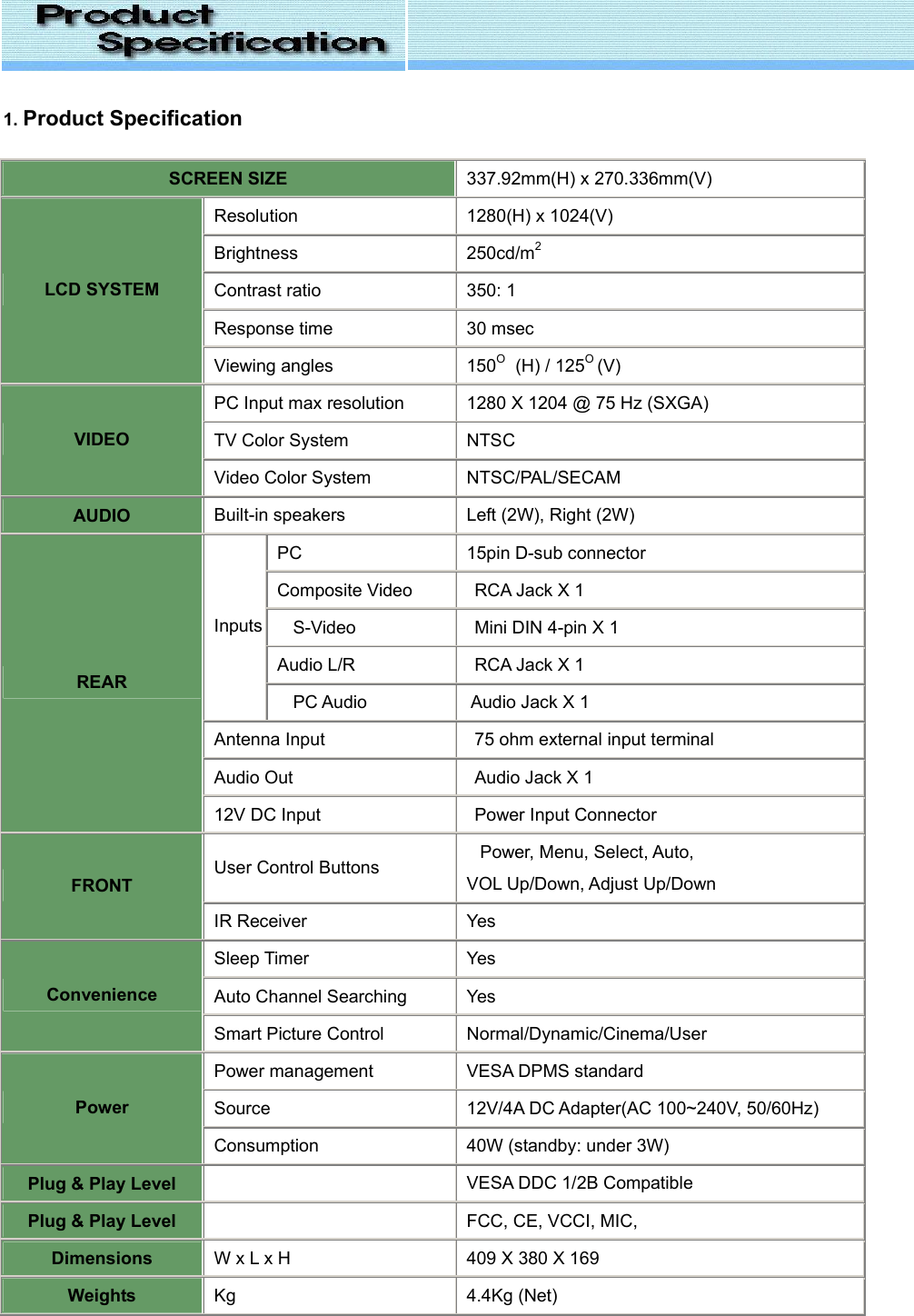  1. Product Specification SCREEN SIZE 337.92mm(H) x 270.336mm(V) Resolution 1280(H) x 1024(V) Brightness 250cd/m2 Contrast ratio 350: 1 Response time 30 msec LCD SYSTEM Viewing angles 150O  (H) / 125O (V) PC Input max resolution 1280 X 1204 @ 75 Hz (SXGA) TV Color System NTSC VIDEO Video Color System NTSC/PAL/SECAM AUDIO Built-in speakers Left (2W), Right (2W) PC 15pin D-sub connector Composite Video  RCA Jack X 1   S-Video   Mini DIN 4-pin X 1 Audio L/R  RCA Jack X 1 Inputs   PC Audio  Audio Jack X 1 Antenna Input   75 ohm external input terminal Audio Out   Audio Jack X 1 REAR 12V DC Input   Power Input Connector User Control Buttons Power, Menu, Select, Auto,   VOL Up/Down, Adjust Up/Down FRONT IR Receiver Yes Sleep Timer Yes Auto Channel Searching Yes Convenience Smart Picture Control Normal/Dynamic/Cinema/User Power management VESA DPMS standard Source 12V/4A DC Adapter(AC 100~240V, 50/60Hz) Power Consumption 40W (standby: under 3W) Plug &amp; Play Level    VESA DDC 1/2B Compatible Plug &amp; Play Level    FCC, CE, VCCI, MIC, Dimensions W x L x H 409 X 380 X 169 Weights Kg 4.4Kg (Net) 