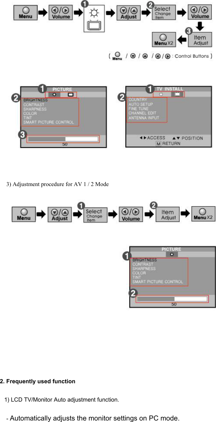    3) Adjustment procedure for AV 1 / 2 Mode         2. Frequently used function  1) LCD TV/Monitor Auto adjustment function. - Automatically adjusts the monitor settings on PC mode. 