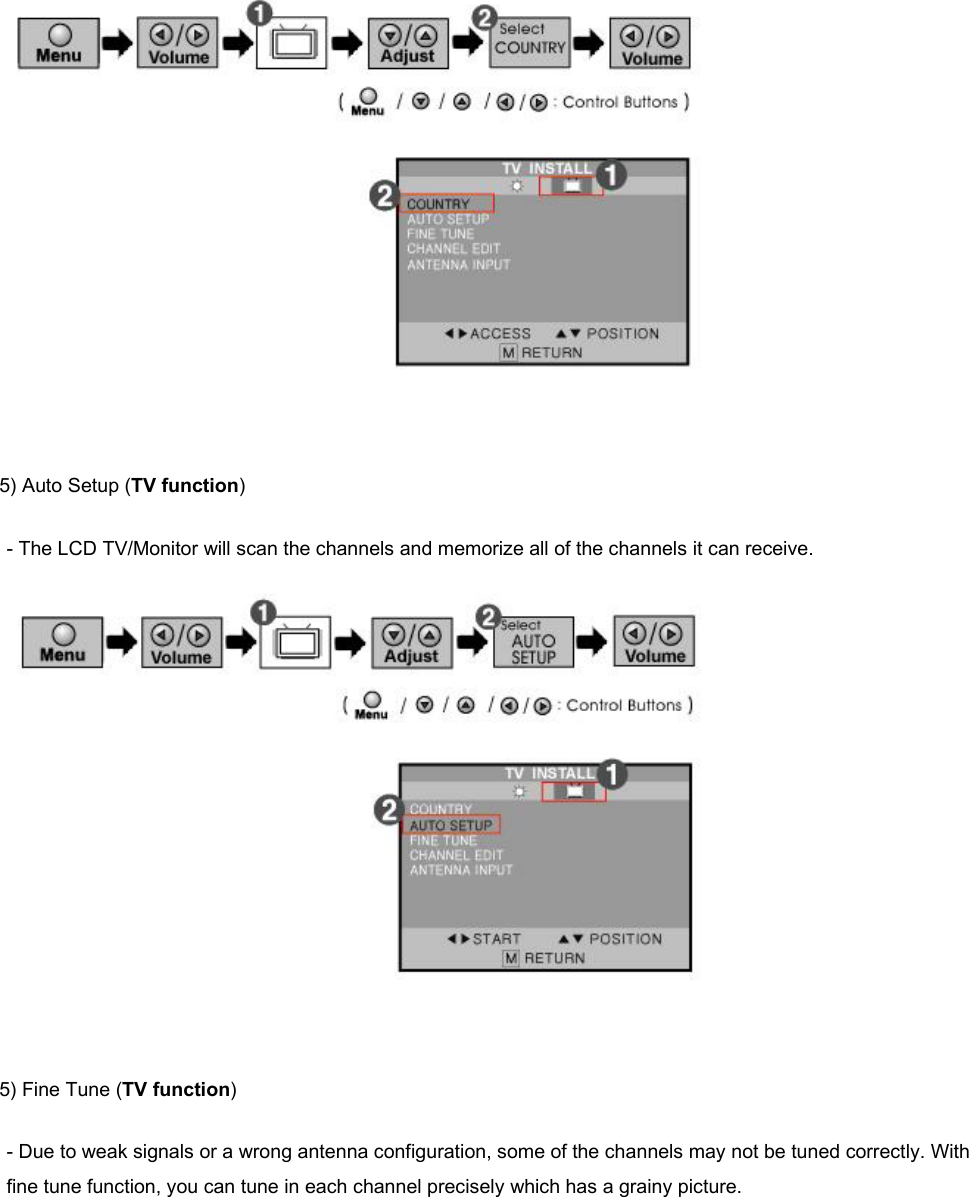    5) Auto Setup (TV function) - The LCD TV/Monitor will scan the channels and memorize all of the channels it can receive.    5) Fine Tune (TV function) - Due to weak signals or a wrong antenna configuration, some of the channels may not be tuned correctly. With fine tune function, you can tune in each channel precisely which has a grainy picture. 