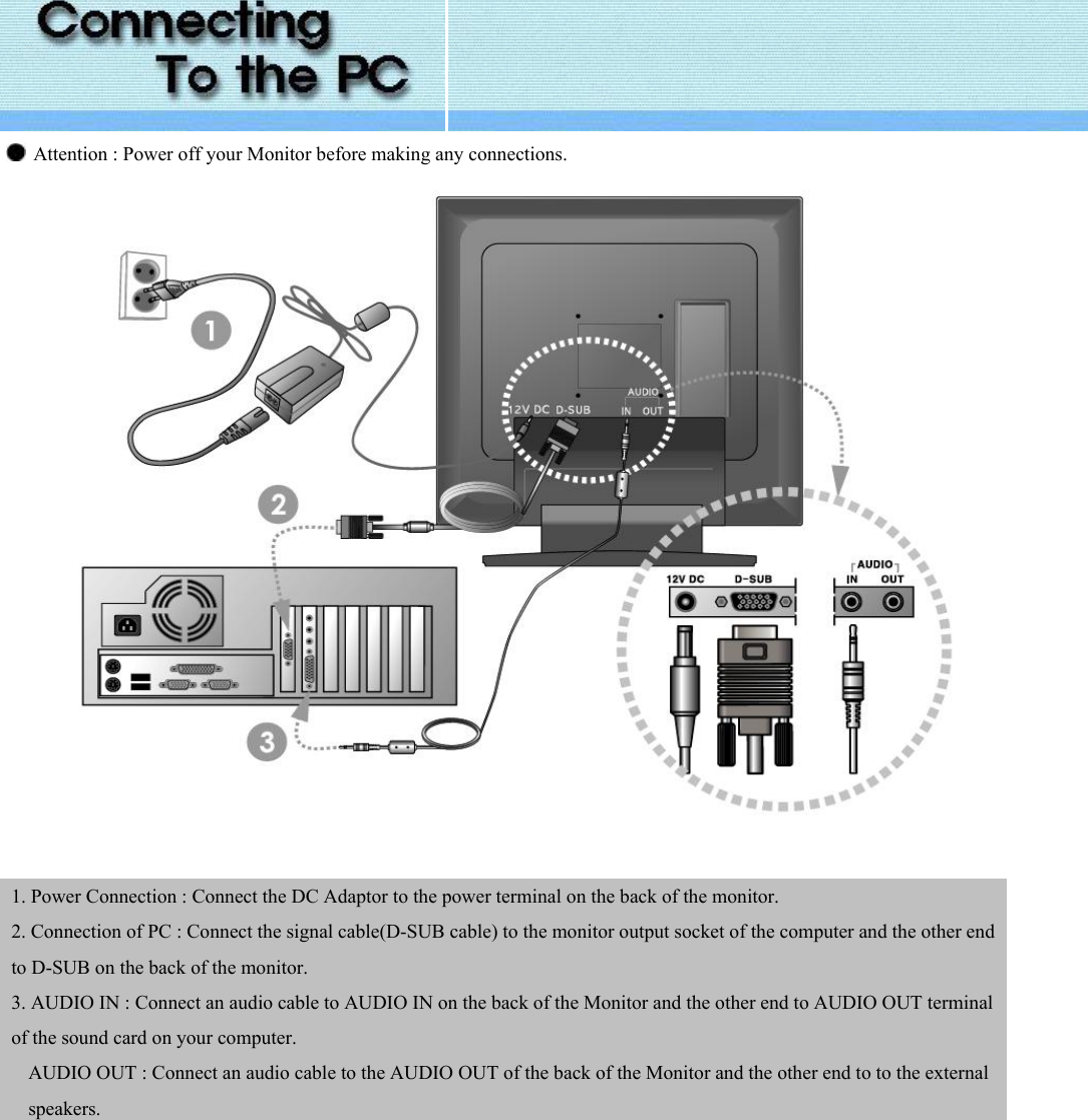     Attention : Power off your Monitor before making any connections.            1. Power Connection : Connect the DC Adaptor to the power terminal on the back of the monitor. 2. Connection of PC : Connect the signal cable(D-SUB cable) to the monitor output socket of the computer and the other end to D-SUB on the back of the monitor. 3. AUDIO IN : Connect an audio cable to AUDIO IN on the back of the Monitor and the other end to AUDIO OUT terminal of the sound card on your computer. AUDIO OUT : Connect an audio cable to the AUDIO OUT of the back of the Monitor and the other end to to the external speakers.  