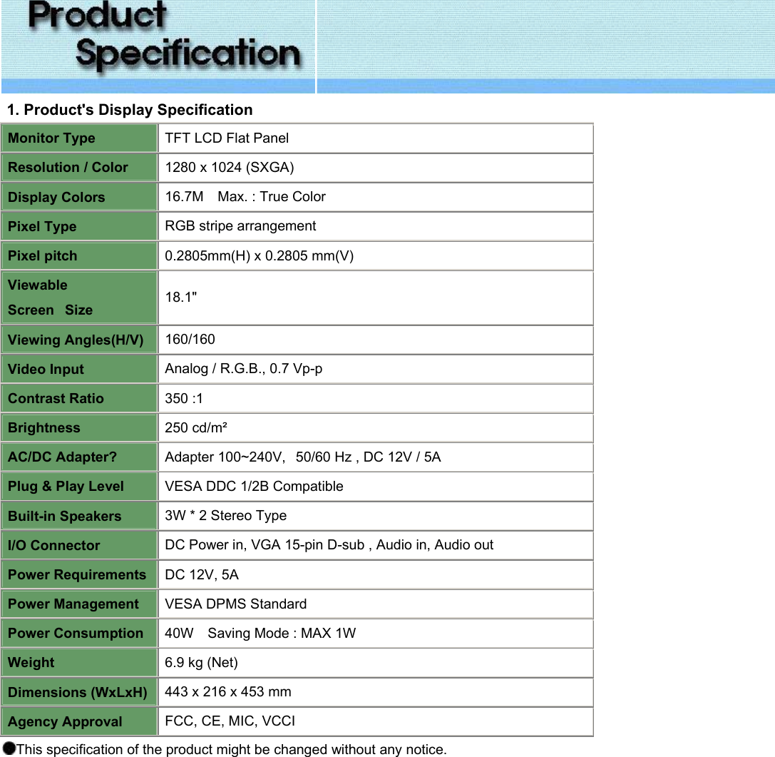   1. Product&apos;s Display Specification Monitor Type TFT LCD Flat Panel Resolution / Color 1280 x 1024 (SXGA)  Display Colors 16.7M    Max. : True Color Pixel Type RGB stripe arrangement Pixel pitch 0.2805mm(H) x 0.2805 mm(V) Viewable Screen   Size 18.1&quot;  Viewing Angles(H/V) 160/160 Video Input Analog / R.G.B., 0.7 Vp-p Contrast Ratio 350 :1  Brightness 250 cd/m² AC/DC Adapter? Adapter 100~240V,   50/60 Hz , DC 12V / 5A Plug &amp; Play Level VESA DDC 1/2B Compatible Built-in Speakers 3W * 2 Stereo Type I/O Connector DC Power in, VGA 15-pin D-sub , Audio in, Audio out Power Requirements DC 12V, 5A Power Management VESA DPMS Standard Power Consumption 40W    Saving Mode : MAX 1W Weight 6.9 kg (Net) Dimensions (WxLxH) 443 x 216 x 453 mm Agency Approval FCC, CE, MIC, VCCI This specification of the product might be changed without any notice.   