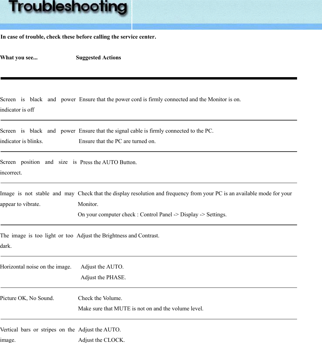  In case of trouble, check these before calling the service center.   What you see...  Suggested Actions      Screen is black and power indicator is off   Ensure that the power cord is firmly connected and the Monitor is on.     Screen is black and power indicator is blinks.   Ensure that the signal cable is firmly connected to the PC. Ensure that the PC are turned on.   Screen position and size isincorrect.   Press the AUTO Button.   Image is not stable and may appear to vibrate.   Check that the display resolution and frequency from your PC is an available mode for your Monitor. On your computer check : Control Panel -&gt; Display -&gt; Settings.   The image is too light or too dark.   Adjust the Brightness and Contrast.   Horizontal noise on the image.   Adjust the AUTO. Adjust the PHASE.   Picture OK, No Sound.   Check the Volume. Make sure that MUTE is not on and the volume level.   Vertical bars or stripes on the image.   Adjust the AUTO. Adjust the CLOCK.    