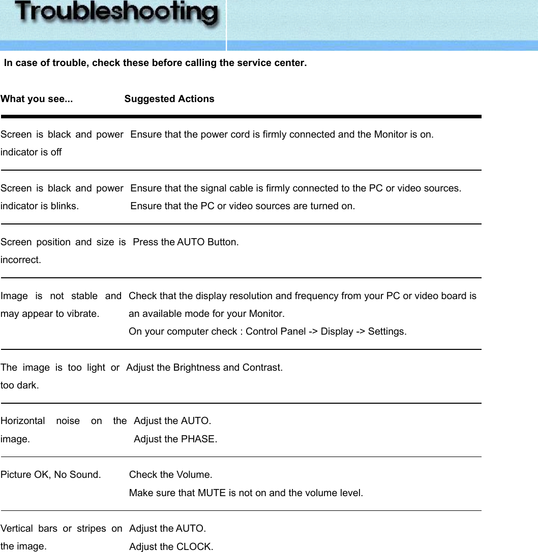   In case of trouble, check these before calling the service center.   What you see...  Suggested Actions   Screen is black and power indicator is off   Ensure that the power cord is firmly connected and the Monitor is on.     Screen is black and power indicator is blinks.   Ensure that the signal cable is firmly connected to the PC or video sources. Ensure that the PC or video sources are turned on.   Screen position and size isincorrect.   Press the AUTO Button.   Image is not stable and may appear to vibrate.   Check that the display resolution and frequency from your PC or video board is an available mode for your Monitor. On your computer check : Control Panel -&gt; Display -&gt; Settings.   The image is too light ortoo dark.   Adjust the Brightness and Contrast.   Horizontal noise on theimage.   Adjust the AUTO. Adjust the PHASE.   Picture OK, No Sound.   Check the Volume. Make sure that MUTE is not on and the volume level.   Vertical bars or stripes on the image.   Adjust the AUTO. Adjust the CLOCK.    