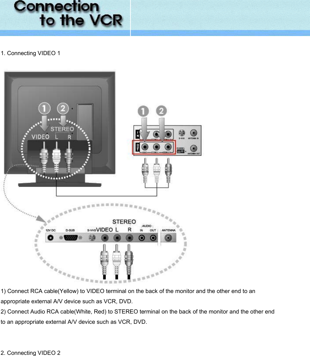      1. Connecting VIDEO 1    1) Connect RCA cable(Yellow) to VIDEO terminal on the back of the monitor and the other end to an appropriate external A/V device such as VCR, DVD. 2) Connect Audio RCA cable(White, Red) to STEREO terminal on the back of the monitor and the other end to an appropriate external A/V device such as VCR, DVD.     2. Connecting VIDEO 2   
