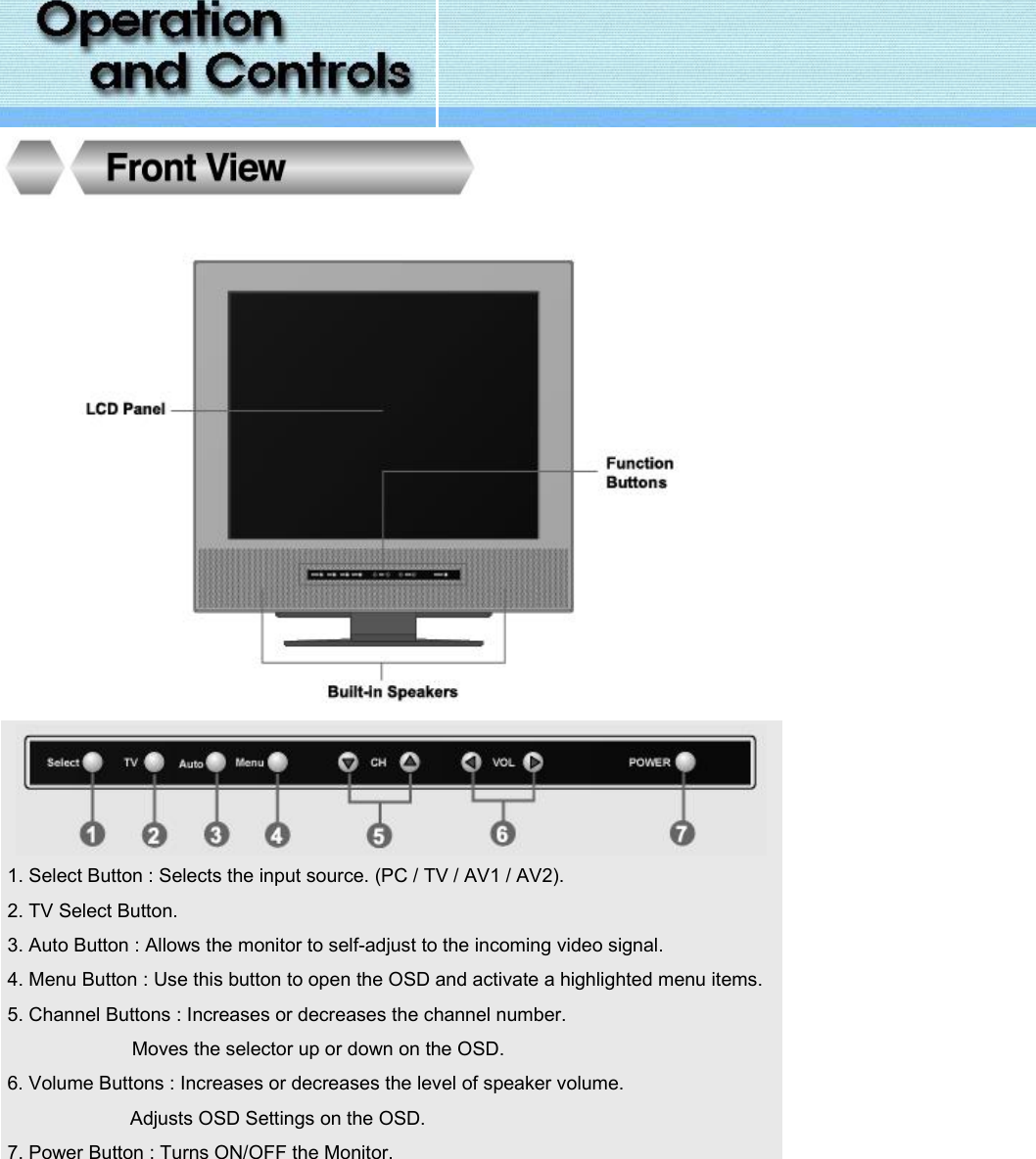                        1. Select Button : Selects the input source. (PC / TV / AV1 / AV2). 2. TV Select Button. 3. Auto Button : Allows the monitor to self-adjust to the incoming video signal. 4. Menu Button : Use this button to open the OSD and activate a highlighted menu items. 5. Channel Buttons : Increases or decreases the channel number. Moves the selector up or down on the OSD. 6. Volume Buttons : Increases or decreases the level of speaker volume. Adjusts OSD Settings on the OSD.  7. Power Button : Turns ON/OFF the Monitor.   