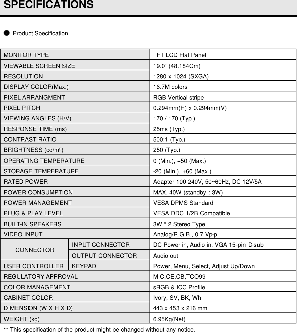  SPECIFICATIONS   Product Specification    MONITOR TYPE TFT LCD Flat Panel VIEWABLE SCREEN SIZE 19.0” (48.184Cm) RESOLUTION 1280 x 1024 (SXGA) DISPLAY COLOR(Max.) 16.7M colors   PIXEL ARRANGMENT RGB Vertical stripe PIXEL PITCH 0.294mm(H) x 0.294mm(V) VIEWING ANGLES (H/V) 170 / 170 (Typ.) RESPONSE TIME (ms) 25ms (Typ.) CONTRAST RATIO 500:1 (Typ.) BRIGHTNESS (cd/m²) 250 (Typ.) OPERATING TEMPERATURE 0 (Min.), +50 (Max.) STORAGE TEMPERATURE -20 (Min.), +60 (Max.) RATED POWER Adapter 100-240V, 50~60Hz, DC 12V/5A POWER CONSUMPTION MAX. 40W (standby : 3W) POWER MANAGEMENT VESA DPMS Standard PLUG &amp; PLAY LEVEL VESA DDC 1/2B Compatible BUILT-IN SPEAKERS 3W * 2 Stereo Type VIDEO INPUT Analog/R.G.B., 0.7 Vp-p INPUT CONNECTOR DC Power in, Audio in, VGA 15-pin D-sub CONNECTOR OUTPUT CONNECTOR Audio out USER CONTROLLER KEYPAD Power, Menu, Select, Adjust Up/Down REGULATORY APPROVAL MIC,CE,CB,TCO99 COLOR MANAGEMENT sRGB &amp; ICC Profile CABINET COLOR Ivory, SV, BK, Wh DIMENSION (W X H X D) 443 x 453 x 216 mm WEIGHT (kg) 6.95Kg(Net) ** This specification of the product might be changed without any notice.  