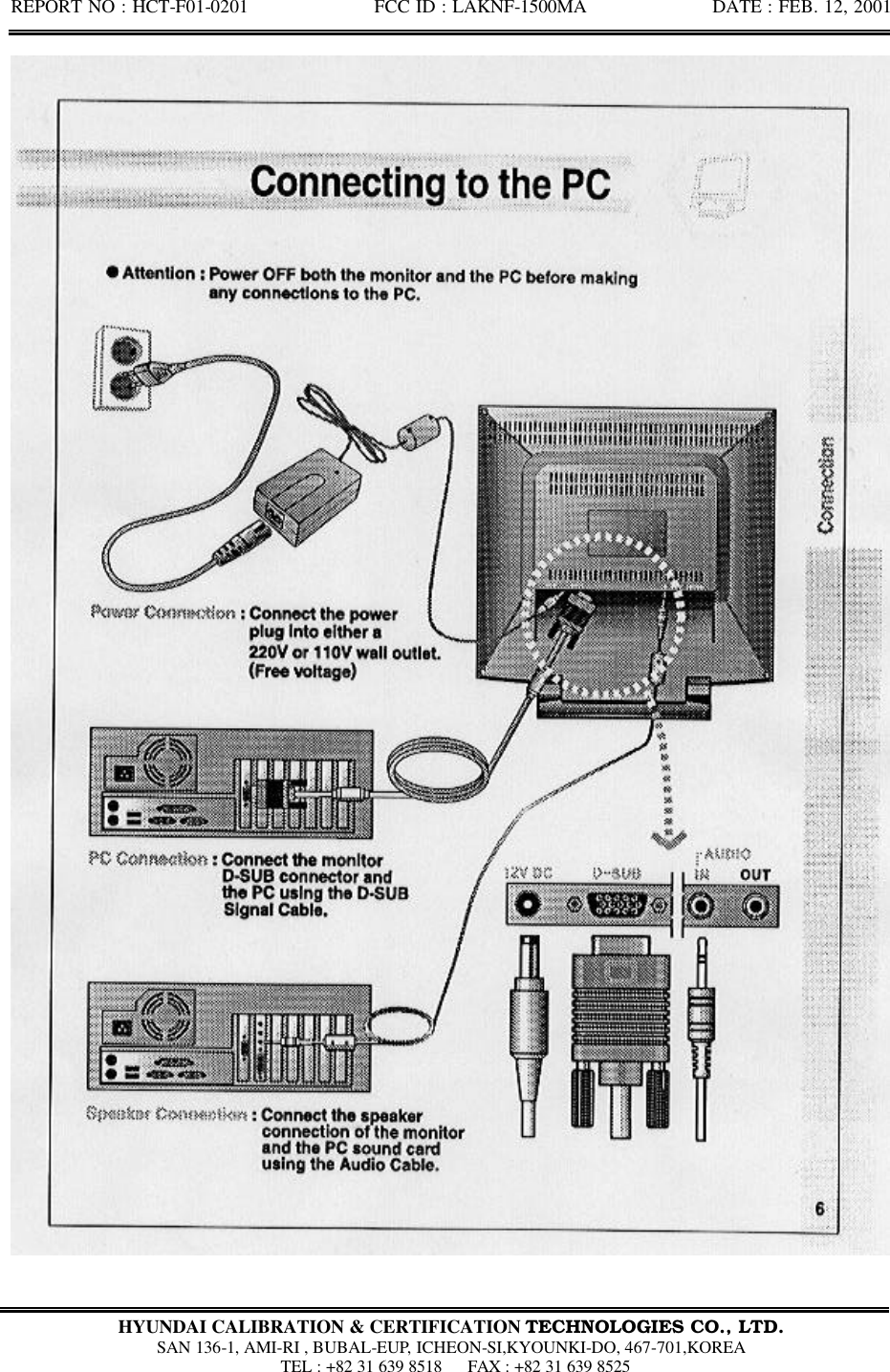 REPORT NO : HCT-F01-0201              FCC ID : LAKNF-1500MA              DATE : FEB. 12, 2001  HYUNDAI CALIBRATION &amp; CERTIFICATION TECHNOLOGIES CO., LTD.  SAN 136-1, AMI-RI , BUBAL-EUP, ICHEON-SI,KYOUNKI-DO, 467-701,KOREA  TEL : +82 31 639 8518   FAX : +82 31 639 8525  