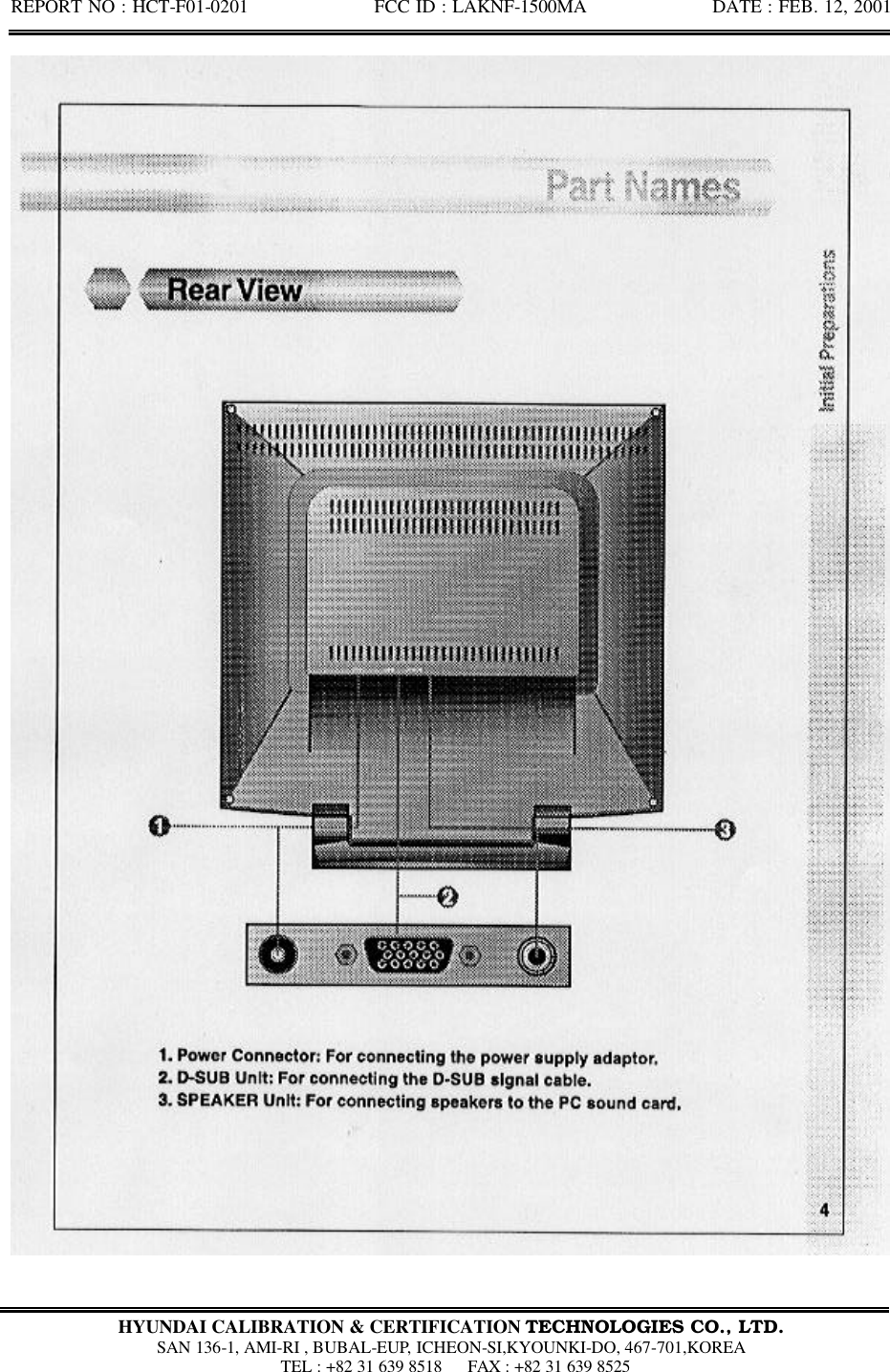 REPORT NO : HCT-F01-0201              FCC ID : LAKNF-1500MA              DATE : FEB. 12, 2001  HYUNDAI CALIBRATION &amp; CERTIFICATION TECHNOLOGIES CO., LTD.  SAN 136-1, AMI-RI , BUBAL-EUP, ICHEON-SI,KYOUNKI-DO, 467-701,KOREA  TEL : +82 31 639 8518   FAX : +82 31 639 8525  