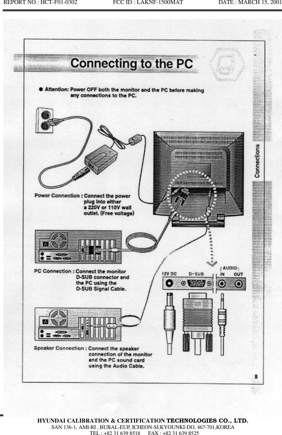 REPORT NO : HCT-F01-0302            FCC ID : LAKNF-1500MAT            DATE : MARCH 15, 2001  HYUNDAI CALIBRATION &amp; CERTIFICATION TECHNOLOGIES CO., LTD.  SAN 136-1, AMI-RI , BUBAL-EUP, ICHEON-SI,KYOUNKI-DO, 467-701,KOREA  TEL : +82 31 639 8518   FAX : +82 31 639 8525  