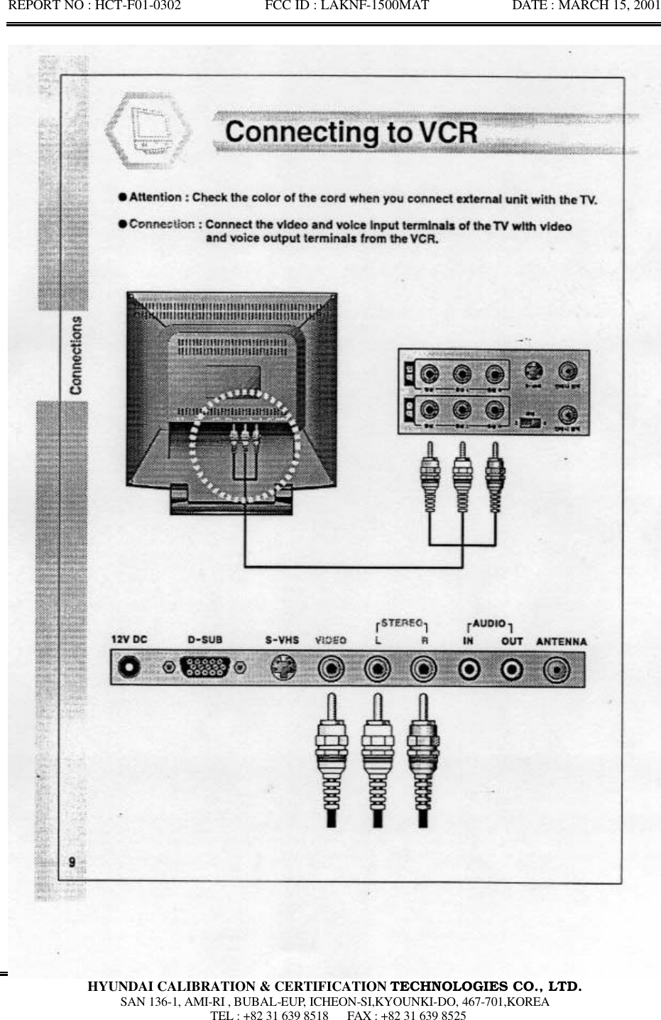 REPORT NO : HCT-F01-0302            FCC ID : LAKNF-1500MAT            DATE : MARCH 15, 2001  HYUNDAI CALIBRATION &amp; CERTIFICATION TECHNOLOGIES CO., LTD.  SAN 136-1, AMI-RI , BUBAL-EUP, ICHEON-SI,KYOUNKI-DO, 467-701,KOREA  TEL : +82 31 639 8518   FAX : +82 31 639 8525  