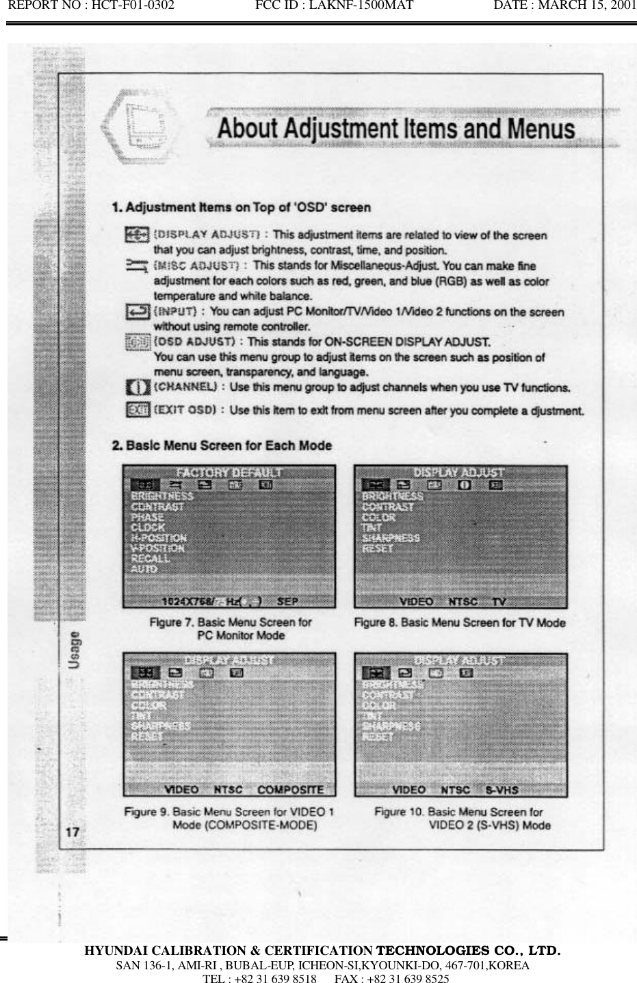 REPORT NO : HCT-F01-0302            FCC ID : LAKNF-1500MAT            DATE : MARCH 15, 2001  HYUNDAI CALIBRATION &amp; CERTIFICATION TECHNOLOGIES CO., LTD.  SAN 136-1, AMI-RI , BUBAL-EUP, ICHEON-SI,KYOUNKI-DO, 467-701,KOREA  TEL : +82 31 639 8518   FAX : +82 31 639 8525  