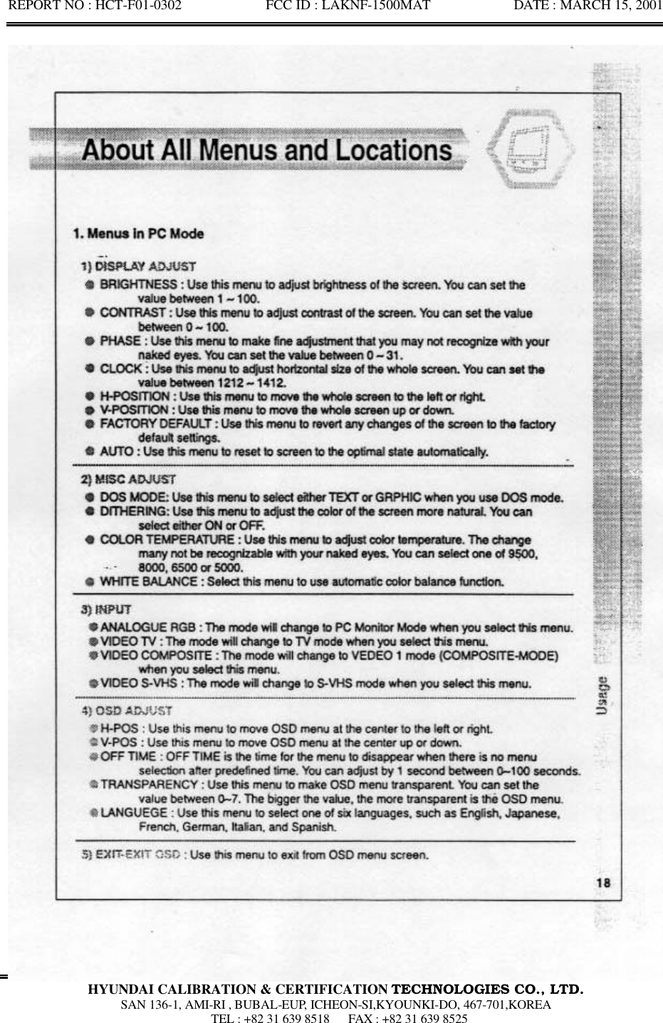 REPORT NO : HCT-F01-0302            FCC ID : LAKNF-1500MAT            DATE : MARCH 15, 2001  HYUNDAI CALIBRATION &amp; CERTIFICATION TECHNOLOGIES CO., LTD.  SAN 136-1, AMI-RI , BUBAL-EUP, ICHEON-SI,KYOUNKI-DO, 467-701,KOREA  TEL : +82 31 639 8518   FAX : +82 31 639 8525  