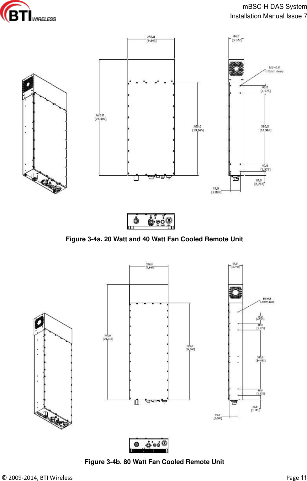                                                   mBSC-H DAS System   Installation Manual Issue 7  ©  2009-2014, BTI Wireless    Page 11   Figure 3-4a. 20 Watt and 40 Watt Fan Cooled Remote Unit     Figure 3-4b. 80 Watt Fan Cooled Remote Unit 
