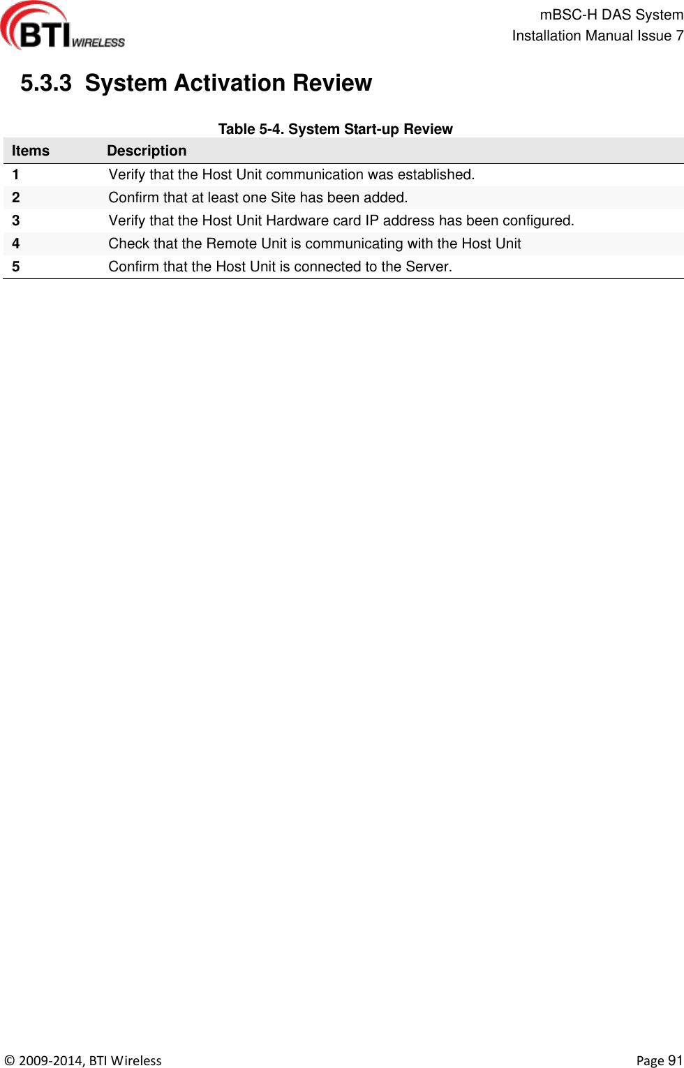                                                   mBSC-H DAS System   Installation Manual Issue 7  ©  2009-2014, BTI Wireless    Page 91   5.3.3  System Activation Review    Table 5-4. System Start-up Review Items Description 1 Verify that the Host Unit communication was established. 2 Confirm that at least one Site has been added. 3 Verify that the Host Unit Hardware card IP address has been configured. 4 Check that the Remote Unit is communicating with the Host Unit 5 Confirm that the Host Unit is connected to the Server.   