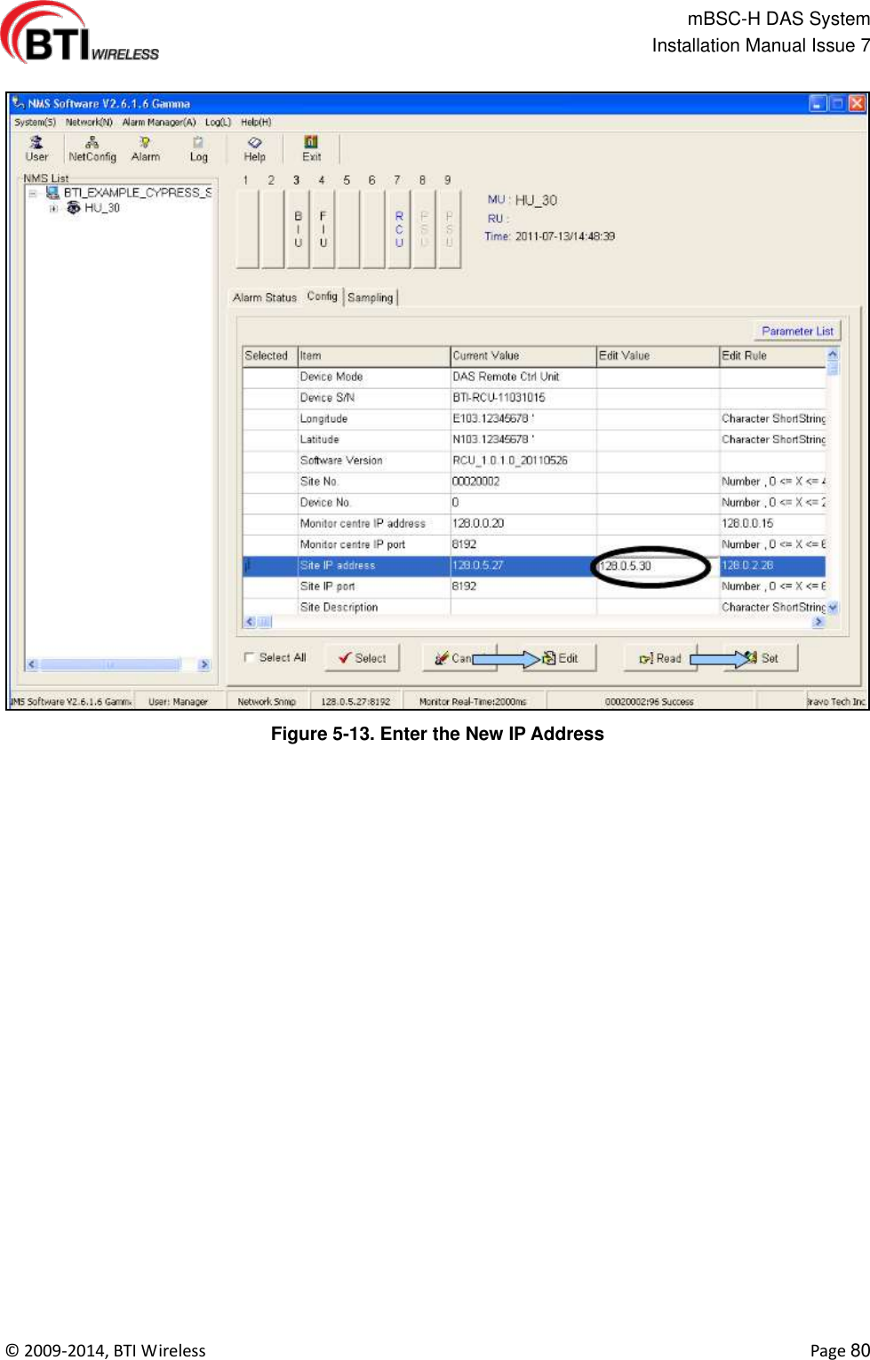                                                   mBSC-H DAS System   Installation Manual Issue 7  ©  2009-2014, BTI Wireless    Page 80  Figure 5-13. Enter the New IP Address  