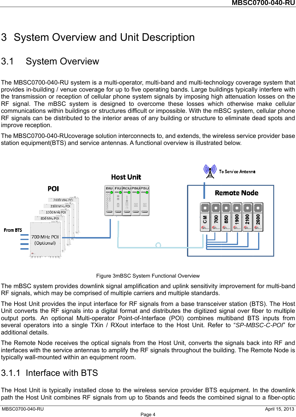  MBSC0700-043 Sys3.1 SThe MBSCprovides inthe transmRF signal. communicaRF signals improve recThe MBSCstation equ The mBSCRF signals,The Host UUnit conveoutput portseveral opadditional dThe Remotinterfaces wtypically wa3.1.1 InThe Host Upath the Ho40-RU       stem OvSystem OC0700-040-R-building / vission or recThe mBSCations withincan be distception. C0700-040-Ripment(BTSC system pro, which mayUnit providesrts the RF sts. An optioerators intodetails. te Node recwith the servall-mounted nterface Unit is typicaost Unit com    verviewOverviewRU system isvenue coverception of cC system isn buildings otributed to thRUcoverage S) and servicovides downy be compriss the input isignals into onal Multi-o a single Tceives the ovice antennawithin an eqwith BTSally installedmbines RF s  w and Uw s a multi-opage for up tellular phons designed or structures he interior asolution intece antennasFigure 3mBSnlink signal ased of multipinterface fora digital foroperator PoTXin / RXouoptical signaas to amplifyquipment rooS d close to thsignals from Page 4Unit Deserator, multio five operane system sito overcomdifficult or iareas of anyerconnects ts. A functiona SC System Fuamplificationple carriers ar RF signalsrmat and disint-of-Interfat interface tls from the y the RF sigom. he wireless m up to 5ban  scriptioi-band and mating bands. ignals by imme these lompossible. Wy building orto, and extenal overviewnctional Overvn and uplink and multiple s from a basstributes theace (POI) cto the Host Host Unit, cgnals throughservice pronds and feed n multi-technoLarge buildmposing highosses whichWith the mBr structure tonds, the wireis illustratedview sensitivity imstandards. se transceive digitized scombines mUnit. Referconverts thehout the buivider BTS eds the combMBSC            ology coveradings typicalh attenuationh otherwiseBSC systemo eliminate deless serviced below. mprovemen ver station (Bsignal over fmultiband BTr to “SP-MBe signals balding. The Requipment. bined signal0700-040-     April 15, 2age system ly interfere wn losses on e make cell, cellular phdead spots e provider b nt for multi-bBTS). The Hfiber to multTS inputs fBSC-C-POI”ack into RF Remote NodIn the down to a fiber-o     RU  2013 that with the ular one and base and Host tiple rom ” for and de is nlink optic  