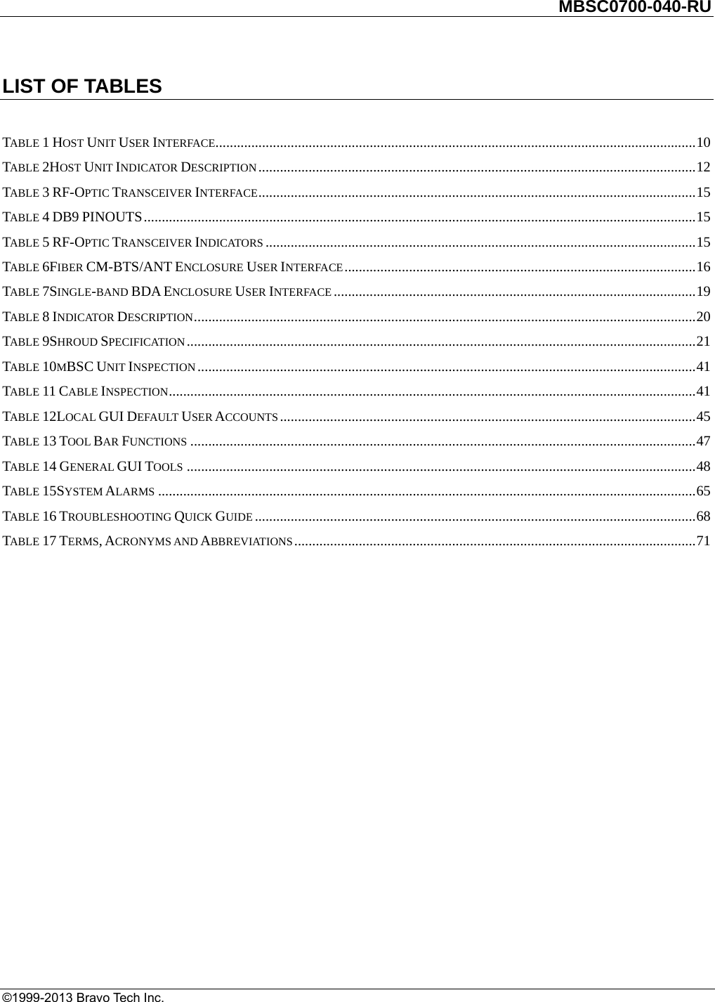         MBSC0700-040-RU   ©1999-2013 Bravo Tech Inc. LIST OF TABLES  TABLE 1 HOST UNIT USER INTERFACE...................................................................................................................................... 10TABLE 2HOST UNIT INDICATOR DESCRIPTION .......................................................................................................................... 12TABLE 3 RF-OPTIC TRANSCEIVER INTERFACE .......................................................................................................................... 15TABLE 4 DB9 PINOUTS .......................................................................................................................................................... 15TABLE 5 RF-OPTIC TRANSCEIVER INDICATORS ........................................................................................................................ 15TABLE 6FIBER CM-BTS/ANT ENCLOSURE USER INTERFACE .................................................................................................. 16TABLE 7SINGLE-BAND BDA ENCLOSURE USER INTERFACE ..................................................................................................... 19TABLE 8 INDICATOR DESCRIPTION ............................................................................................................................................ 20TABLE 9SHROUD SPECIFICATION .............................................................................................................................................. 21TABLE 10MBSC UNIT INSPECTION ........................................................................................................................................... 41TABLE 11 CABLE INSPECTION ................................................................................................................................................... 41TABLE 12LOCAL GUI DEFAULT USER ACCOUNTS .................................................................................................................... 45TABLE 13 TOOL BAR FUNCTIONS ............................................................................................................................................. 47TABLE 14 GENERAL GUI TOOLS .............................................................................................................................................. 48TABLE 15SYSTEM ALARMS ...................................................................................................................................................... 65TABLE 16 TROUBLESHOOTING QUICK GUIDE ........................................................................................................................... 68TABLE 17 TERMS, ACRONYMS AND ABBREVIATIONS ................................................................................................................ 71 