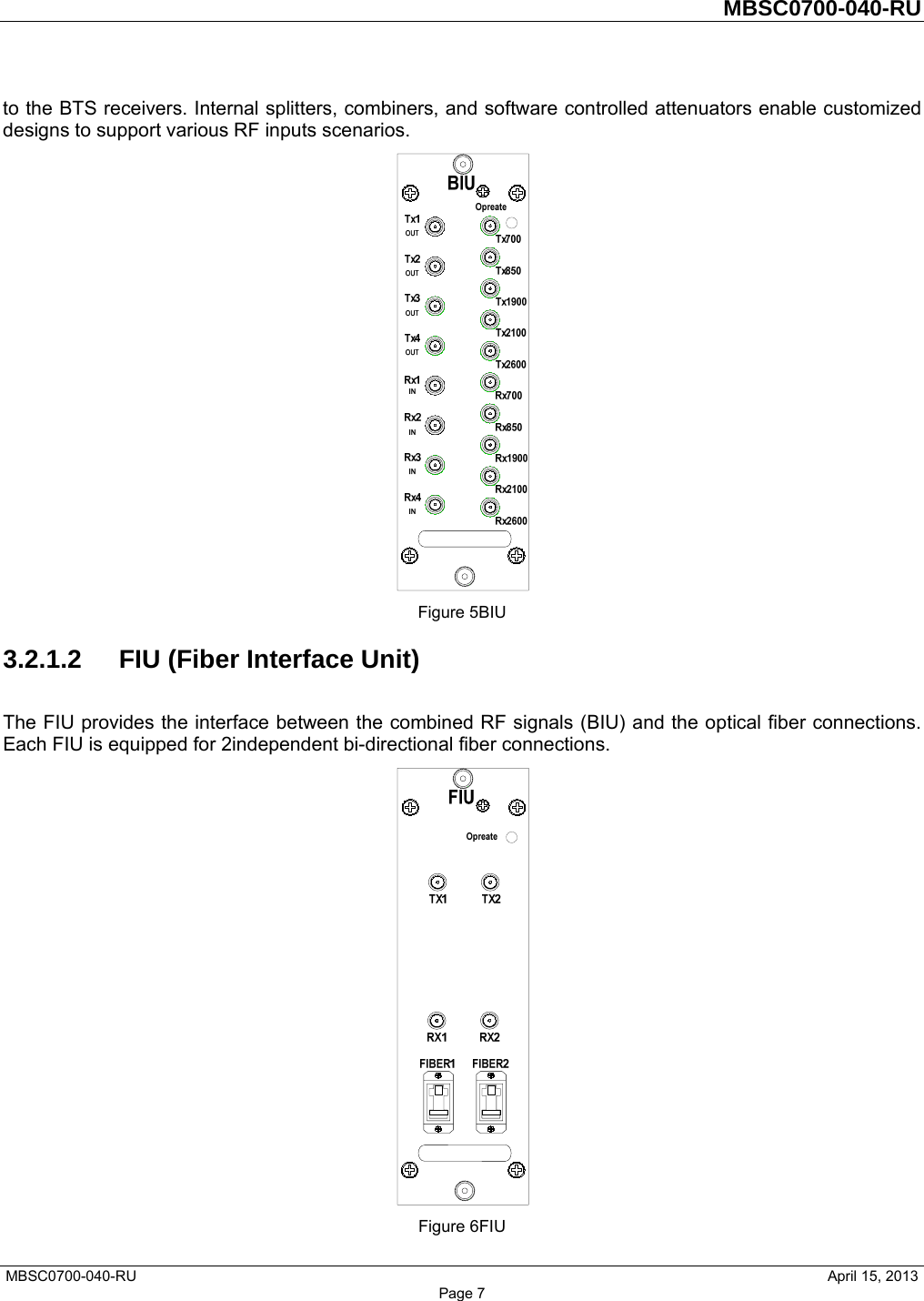         MBSC0700-040-RU   MBSC0700-040-RU                                                   April 15, 2013 Page 7 to the BTS receivers. Internal splitters, combiners, and software controlled attenuators enable customized designs to support various RF inputs scenarios.  Figure 5BIU 3.2.1.2  FIU (Fiber Interface Unit) The FIU provides the interface between the combined RF signals (BIU) and the optical fiber connections. Each FIU is equipped for 2independent bi-directional fiber connections.  Figure 6FIU 