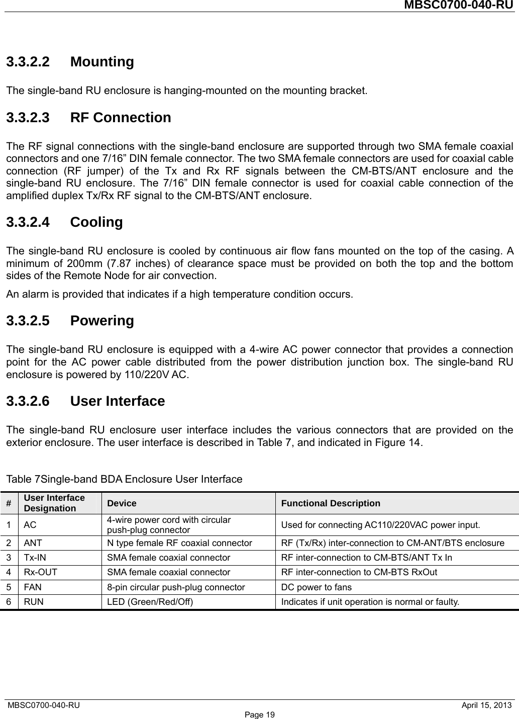         MBSC0700-040-RU   MBSC0700-040-RU                                                   April 15, 2013 Page 19 3.3.2.2 Mounting The single-band RU enclosure is hanging-mounted on the mounting bracket. 3.3.2.3 RF Connection The RF signal connections with the single-band enclosure are supported through two SMA female coaxial connectors and one 7/16” DIN female connector. The two SMA female connectors are used for coaxial cable connection (RF jumper) of the Tx and Rx RF signals between the CM-BTS/ANT enclosure and the single-band RU enclosure. The 7/16” DIN female connector is used for coaxial cable connection of the amplified duplex Tx/Rx RF signal to the CM-BTS/ANT enclosure. 3.3.2.4 Cooling The single-band RU enclosure is cooled by continuous air flow fans mounted on the top of the casing. A minimum of 200mm (7.87 inches) of clearance space must be provided on both the top and the bottom sides of the Remote Node for air convection.   An alarm is provided that indicates if a high temperature condition occurs. 3.3.2.5 Powering The single-band RU enclosure is equipped with a 4-wire AC power connector that provides a connection point for the AC power cable distributed from the power distribution junction box. The single-band RU enclosure is powered by 110/220V AC. 3.3.2.6 User Interface The single-band RU enclosure user interface includes the various connectors that are provided on the exterior enclosure. The user interface is described in Table 7, and indicated in Figure 14.  Table 7Single-band BDA Enclosure User Interface #  User Interface Designation  Device  Functional Description 1 AC  4-wire power cord with circular push-plug connector  Used for connecting AC110/220VAC power input. 2  ANT  N type female RF coaxial connector  RF (Tx/Rx) inter-connection to CM-ANT/BTS enclosure 3  Tx-IN  SMA female coaxial connector  RF inter-connection to CM-BTS/ANT Tx In 4  Rx-OUT  SMA female coaxial connector  RF inter-connection to CM-BTS RxOut 5  FAN  8-pin circular push-plug connector  DC power to fans 6  RUN  LED (Green/Red/Off)  Indicates if unit operation is normal or faulty. 