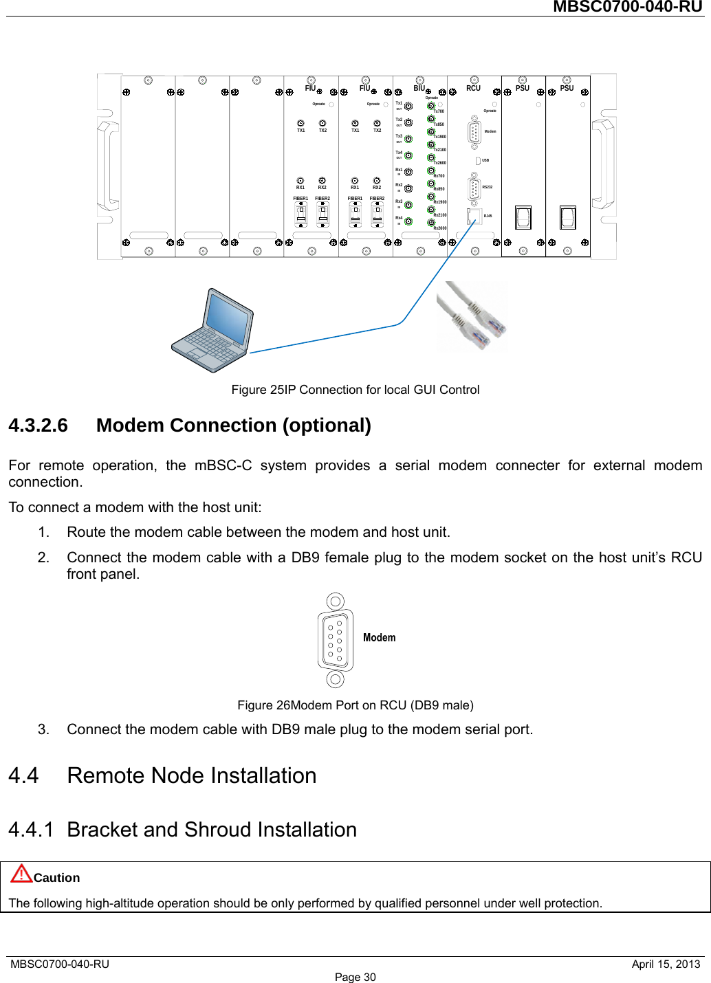         MBSC0700-040-RU   MBSC0700-040-RU                                                   April 15, 2013 Page 30  Figure 25IP Connection for local GUI Control 4.3.2.6 Modem Connection (optional) For remote operation, the mBSC-C system provides a serial modem connecter for external modem connection. To connect a modem with the host unit: 1.  Route the modem cable between the modem and host unit. 2.  Connect the modem cable with a DB9 female plug to the modem socket on the host unit’s RCU front panel.  Figure 26Modem Port on RCU (DB9 male) 3.  Connect the modem cable with DB9 male plug to the modem serial port. 4.4 Remote Node Installation 4.4.1  Bracket and Shroud Installation Caution The following high-altitude operation should be only performed by qualified personnel under well protection. PSU10PSU10FIUOpreateFIBER2TX2RX2FIBER1TX1RX1FIUOpreateFIBER2TX2RX2FIBER1TX1RX1BIUOpreateTx700Rx4INRx3INRx2INRx1INTx4OUTTx3OUTTx2OUTTx1OUTTx850Tx1900Tx2100Tx2600Rx700Rx850Rx1900Rx2100Rx2600RCUOpreateRJ45RS232ModemUSB