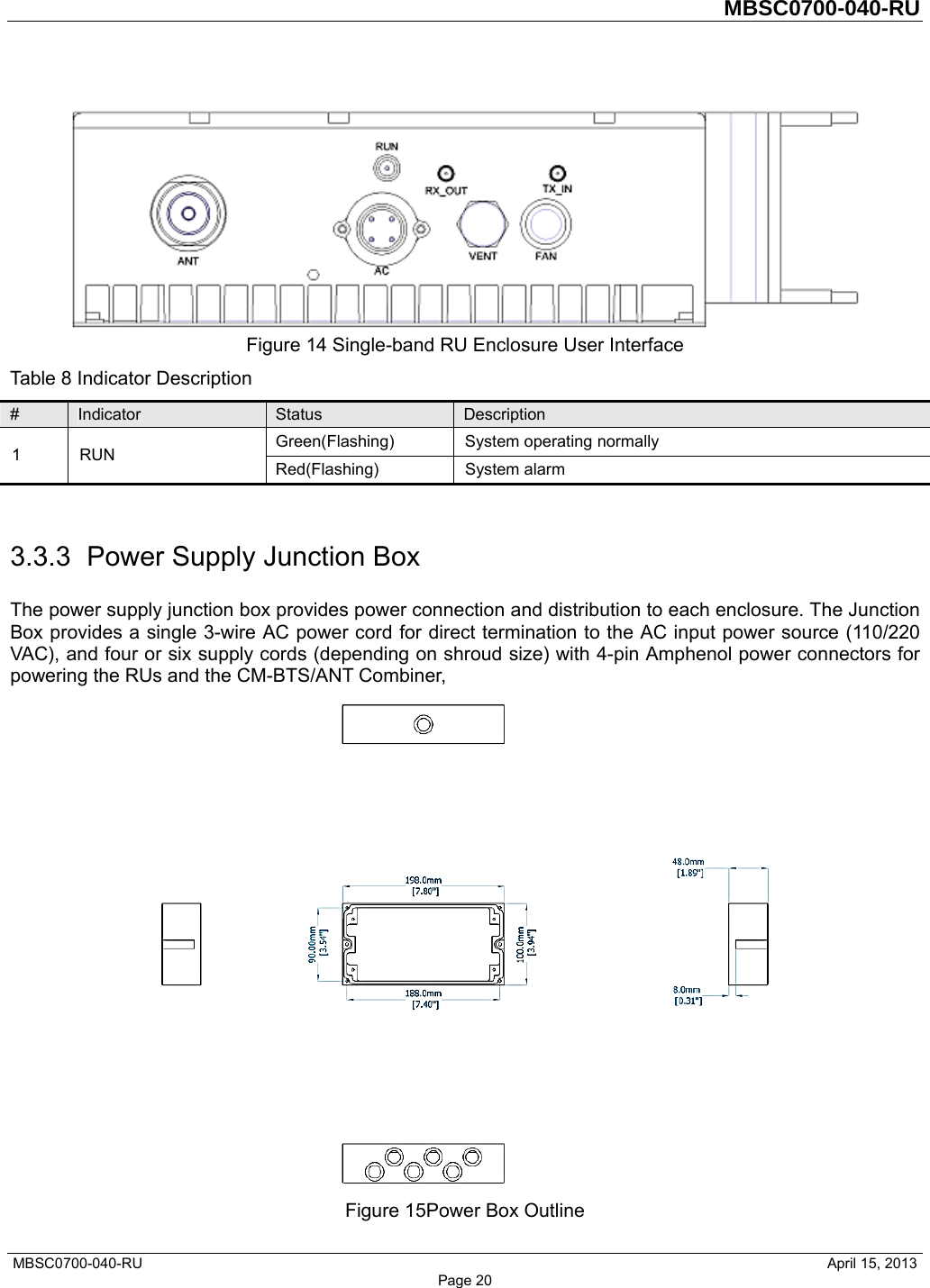         MBSC0700-040-RU   MBSC0700-040-RU                                                   April 15, 2013 Page 20  Figure 14 Single-band RU Enclosure User Interface Table 8 Indicator Description #  Indicator  Status  Description 1 RUN  Green(Flashing)  System operating normally Red(Flashing) System alarm  3.3.3 Power Supply Junction Box The power supply junction box provides power connection and distribution to each enclosure. The Junction Box provides a single 3-wire AC power cord for direct termination to the AC input power source (110/220 VAC), and four or six supply cords (depending on shroud size) with 4-pin Amphenol power connectors for powering the RUs and the CM-BTS/ANT Combiner,  Figure 15Power Box Outline 