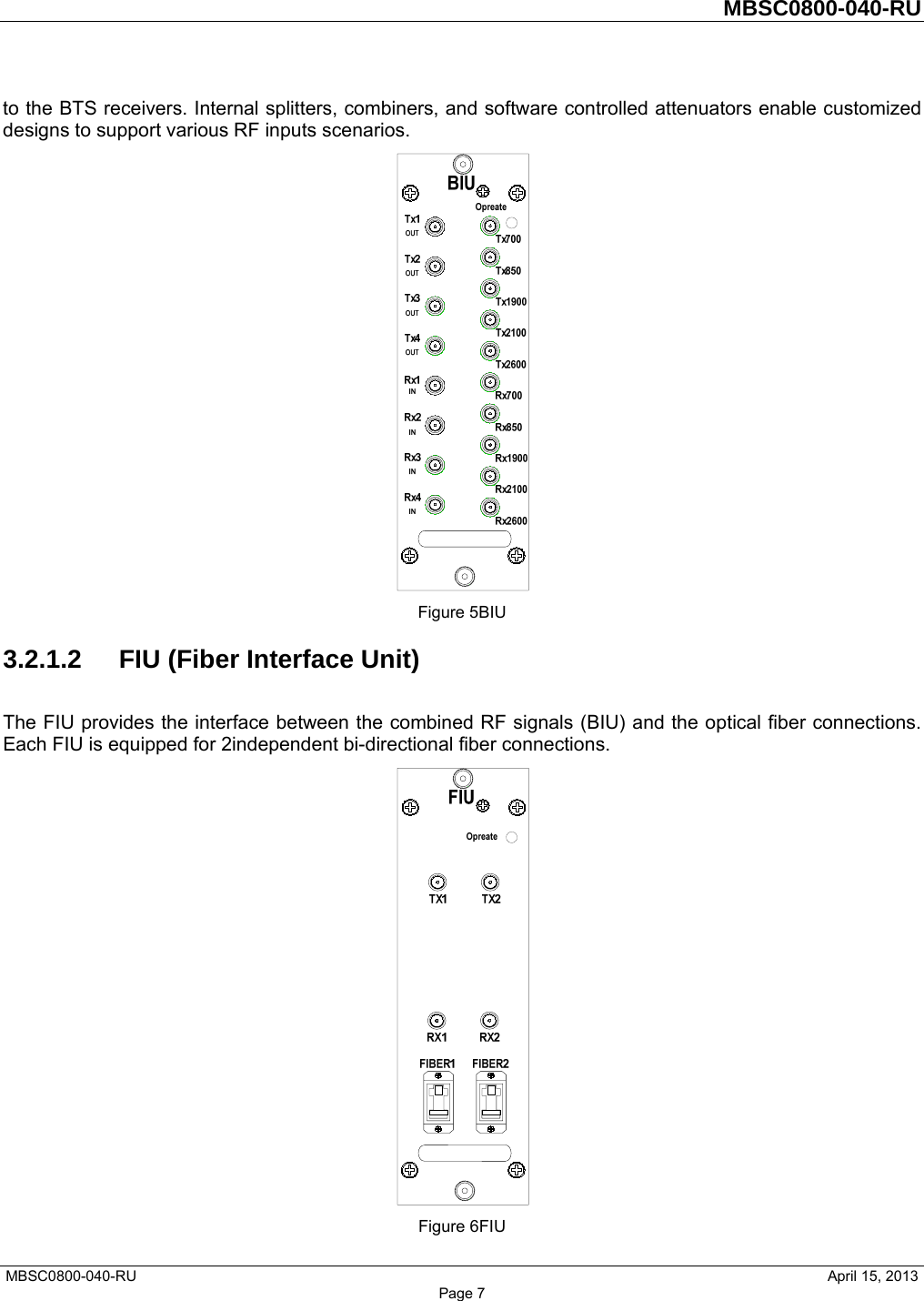         MBSC0800-040-RU   MBSC0800-040-RU                                                   April 15, 2013 Page 7 to the BTS receivers. Internal splitters, combiners, and software controlled attenuators enable customized designs to support various RF inputs scenarios.  Figure 5BIU 3.2.1.2  FIU (Fiber Interface Unit) The FIU provides the interface between the combined RF signals (BIU) and the optical fiber connections. Each FIU is equipped for 2independent bi-directional fiber connections.  Figure 6FIU 