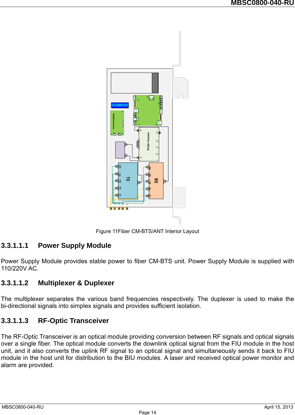         MBSC0800-040-RU   MBSC0800-040-RU                                                   April 15, 2013 Page 14 A Figure 11Fiber CM-BTS/ANT Interior Layout 3.3.1.1.1 Power Supply Module Power Supply Module provides stable power to fiber CM-BTS unit. Power Supply Module is supplied with 110/220V AC. 3.3.1.1.2 Multiplexer &amp; Duplexer The multiplexer separates the various band frequencies respectively. The duplexer is used to make the bi-directional signals into simplex signals and provides sufficient isolation. 3.3.1.1.3 RF-Optic Transceiver The RF-Optic Transceiver is an optical module providing conversion between RF signals and optical signals over a single fiber. The optical module converts the downlink optical signal from the FIU module in the host unit, and it also converts the uplink RF signal to an optical signal and simultaneously sends it back to FIU module in the host unit for distribution to the BIU modules. A laser and received optical power monitor and alarm are provided.  