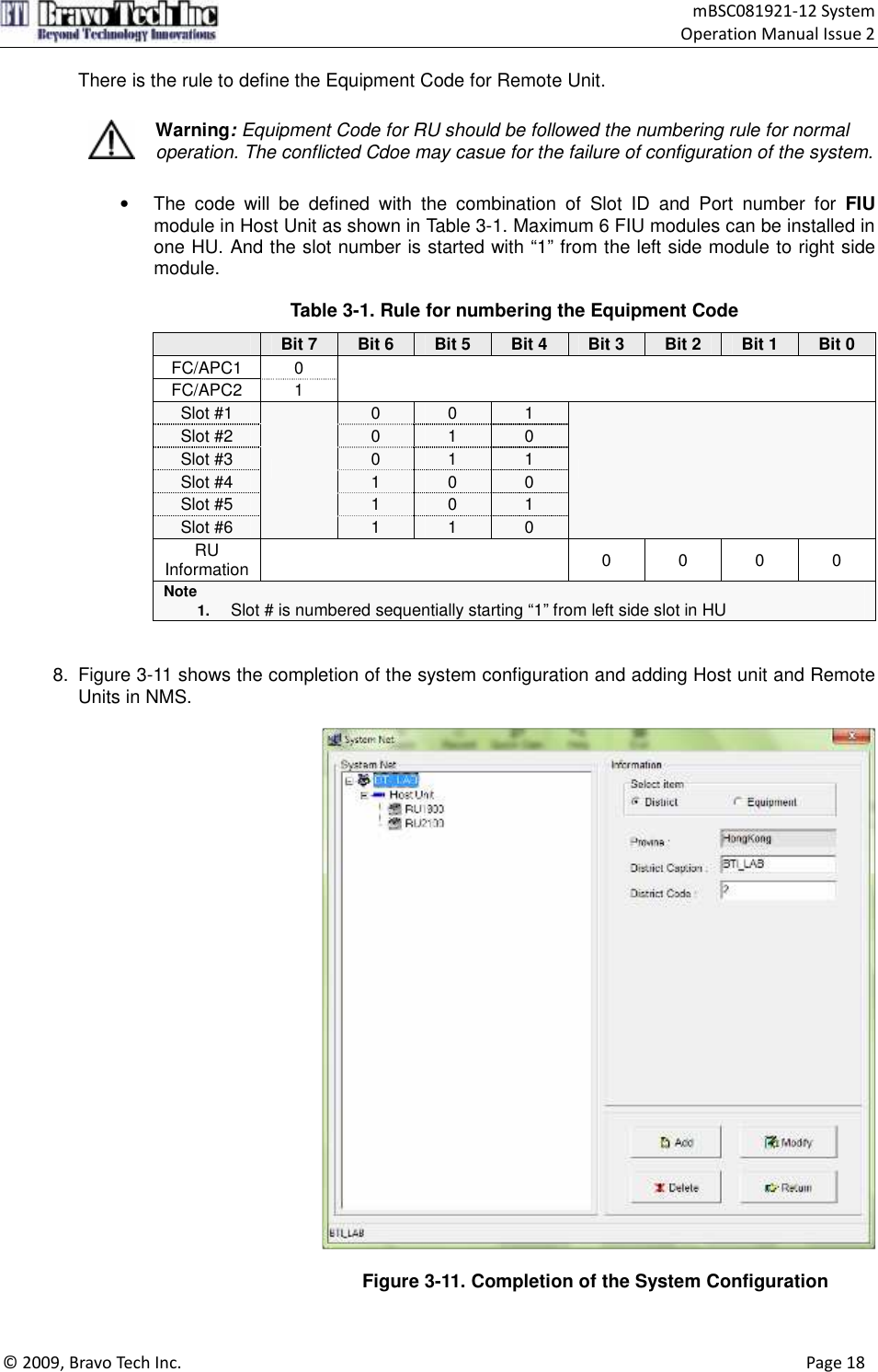                                    mBSC081921-12 System Operation Manual Issue 2  © 2009, Bravo Tech Inc.                                                                                                                                      Page 18  There is the rule to define the Equipment Code for Remote Unit.   Warning: Equipment Code for RU should be followed the numbering rule for normal operation. The conflicted Cdoe may casue for the failure of configuration of the system.  •  The  code  will  be  defined  with  the  combination  of  Slot  ID  and  Port  number  for  FIU module in Host Unit as shown in Table 3-1. Maximum 6 FIU modules can be installed in one HU. And the slot number is started with “1” from the left side module to right side module.    Table 3-1. Rule for numbering the Equipment Code  Bit 7  Bit 6  Bit 5  Bit 4  Bit 3  Bit 2  Bit 1  Bit 0 FC/APC1  0 FC/APC2  1   Slot #1  0  0  1 Slot #2  0  1  0 Slot #3  0  1  1 Slot #4  1  0  0 Slot #5  1  0  1 Slot #6  1  1  0  RU Information   0  0  0  0 Note 1. Slot # is numbered sequentially starting “1” from left side slot in HU     8.  Figure 3-11 shows the completion of the system configuration and adding Host unit and Remote Units in NMS.    Figure 3-11. Completion of the System Configuration  