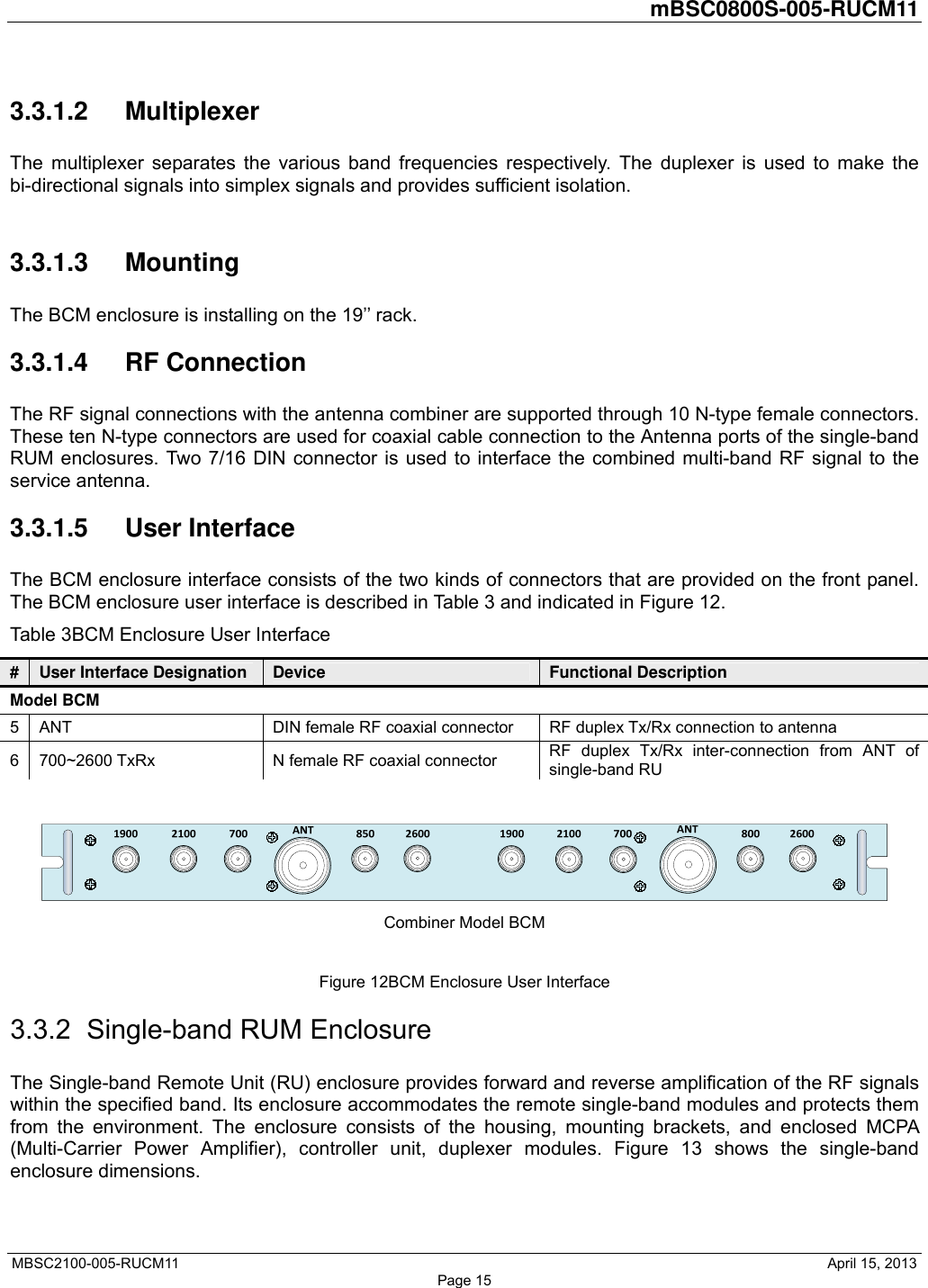         mBSC0800S-005-RUCM11   MBSC2100-005-RUCM11                                              April 15, 2013 Page 15 3.3.1.2 Multiplexer The multiplexer separates the various band frequencies respectively. The duplexer is used to make the bi-directional signals into simplex signals and provides sufficient isolation.  3.3.1.3 Mounting The BCM enclosure is installing on the 19’’ rack. 3.3.1.4 RF Connection The RF signal connections with the antenna combiner are supported through 10 N-type female connectors. These ten N-type connectors are used for coaxial cable connection to the Antenna ports of the single-band RUM enclosures. Two 7/16 DIN connector is used to interface the combined multi-band RF signal to the service antenna. 3.3.1.5 User Interface The BCM enclosure interface consists of the two kinds of connectors that are provided on the front panel. The BCM enclosure user interface is described in Table 3 and indicated in Figure 12. Table 3BCM Enclosure User Interface #  User Interface Designation Device  Functional Description Model BCM 5  ANT  DIN female RF coaxial connector  RF duplex Tx/Rx connection to antenna 6  700~2600 TxRx  N female RF coaxial connector  RF duplex Tx/Rx inter-connection from ANT of single-band RU   Combiner Model BCM  Figure 12BCM Enclosure User Interface 3.3.2 Single-band RUM Enclosure The Single-band Remote Unit (RU) enclosure provides forward and reverse amplification of the RF signals within the specified band. Its enclosure accommodates the remote single-band modules and protects them from the environment. The enclosure consists of the housing, mounting brackets, and enclosed MCPA (Multi-Carrier Power Amplifier), controller unit, duplexer modules. Figure 13 shows the single-band enclosure dimensions. 