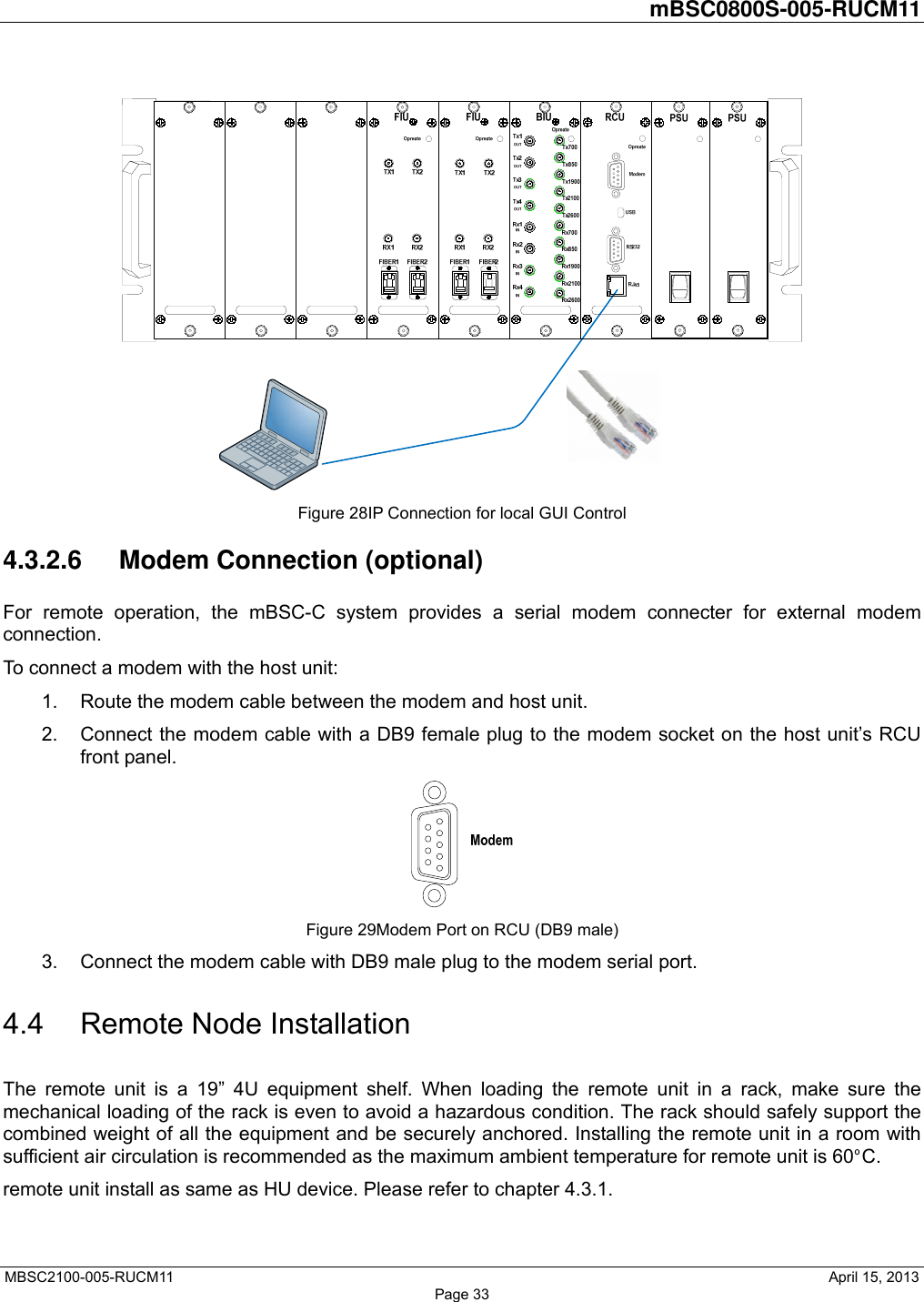         mBSC0800S-005-RUCM11   MBSC2100-005-RUCM11                                              April 15, 2013 Page 33  Figure 28IP Connection for local GUI Control 4.3.2.6 Modem Connection (optional) For remote operation, the mBSC-C system provides a serial modem connecter for external modem connection. To connect a modem with the host unit: 1.  Route the modem cable between the modem and host unit. 2.  Connect the modem cable with a DB9 female plug to the modem socket on the host unit’s RCU front panel.  Figure 29Modem Port on RCU (DB9 male) 3.  Connect the modem cable with DB9 male plug to the modem serial port. 4.4 Remote Node Installation The remote unit is a 19” 4U equipment shelf. When loading the remote unit in a rack, make sure the mechanical loading of the rack is even to avoid a hazardous condition. The rack should safely support the combined weight of all the equipment and be securely anchored. Installing the remote unit in a room with sufficient air circulation is recommended as the maximum ambient temperature for remote unit is 60°C.  remote unit install as same as HU device. Please refer to chapter 4.3.1.    