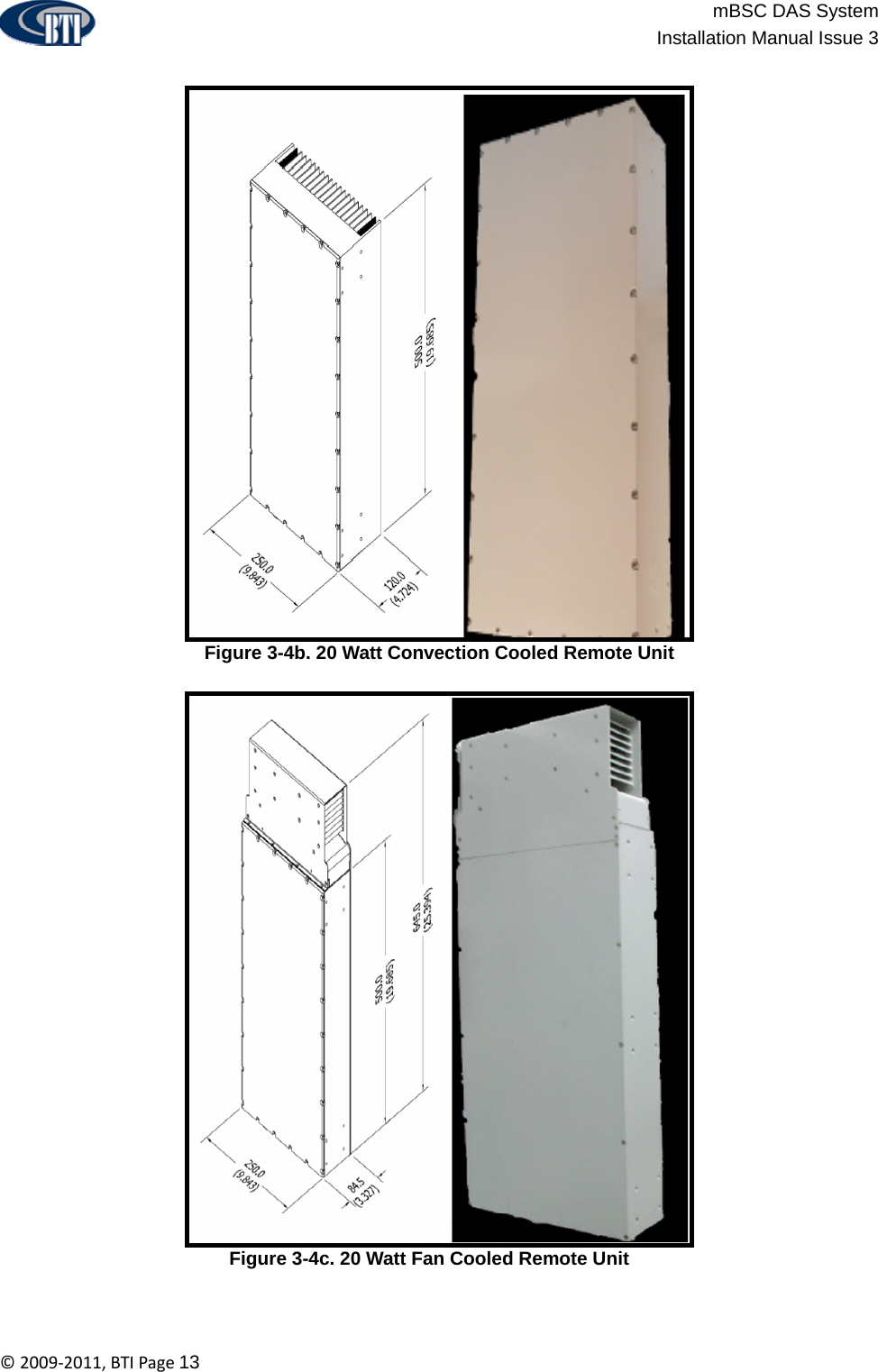                          mBSC DAS System  Installation Manual Issue 3  ©2009‐2011,BTIPage13  Figure 3-4b. 20 Watt Convection Cooled Remote Unit Figure 3-4c. 20 Watt Fan Cooled Remote Unit  