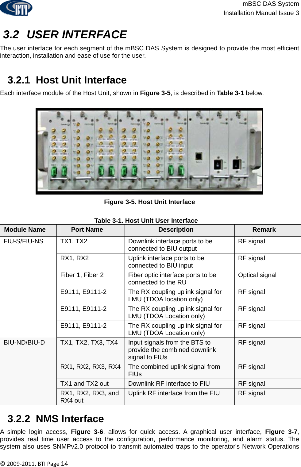                          mBSC DAS System  Installation Manual Issue 3  ©2009‐2011,BTIPage14   3.2  USER INTERFACE The user interface for each segment of the mBSC DAS System is designed to provide the most efficient interaction, installation and ease of use for the user.    3.2.1  Host Unit Interface Each interface module of the Host Unit, shown in Figure 3-5, is described in Table 3-1 below.  Figure 3-5. Host Unit Interface  Table 3-1. Host Unit User Interface Module Name  Port Name  Description  Remark TX1, TX2  Downlink interface ports to be connected to BIU output  RF signal RX1, RX2  Uplink interface ports to be connected to BIU input  RF signal Fiber 1, Fiber 2  Fiber optic interface ports to be connected to the RU  Optical signal E9111, E9111-2  The RX coupling uplink signal for LMU (TDOA location only)  RF signal E9111, E9111-2  The RX coupling uplink signal for LMU (TDOA Location only)  RF signal  FIU-S/FIU-NS E9111, E9111-2  The RX coupling uplink signal for LMU (TDOA Location only)  RF signal  TX1, TX2, TX3, TX4  Input signals from the BTS to provide the combined downlink signal to FIUs RF signal  RX1, RX2, RX3, RX4  The combined uplink signal from FIUs   RF signal  TX1 and TX2 out  Downlink RF interface to FIU  RF signal  BIU-ND/BIU-D RX1, RX2, RX3, and RX4 out  Uplink RF interface from the FIU  RF signal    3.2.2  NMS Interface A simple login access, Figure 3-6, allows for quick access. A graphical user interface, Figure 3-7, provides real time user access to the configuration, performance monitoring, and alarm status. The system also uses SNMPv2.0 protocol to transmit automated traps to the operator&apos;s Network Operations 