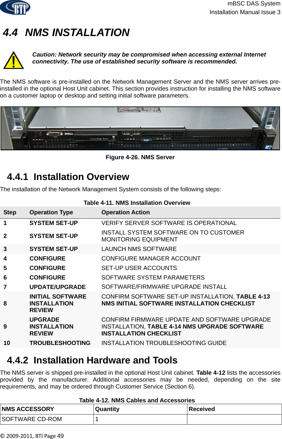                          mBSC DAS System  Installation Manual Issue 3  ©2009‐2011,BTIPage49   4.4  NMS INSTALLATION   Caution: Network security may be compromised when accessing external Internet connectivity. The use of established security software is recommended.  The NMS software is pre-installed on the Network Management Server and the NMS server arrives pre-installed in the optional Host Unit cabinet. This section provides instruction for installing the NMS software on a customer laptop or desktop and setting initial software parameters.  Figure 4-26. NMS Server   4.4.1  Installation Overview The installation of the Network Management System consists of the following steps:  Table 4-11. NMS Installation Overview Step  Operation Type  Operation Action 1 SYSTEM SET-UP VERIFY SERVER SOFTWARE IS OPERATIONAL 2 SYSTEM SET-UP INSTALL SYSTEM SOFTWARE ON TO CUSTOMER  MONITORING EQUIPMENT 3  SYSTEM SET-UP  LAUNCH NMS SOFTWARE 4 CONFIGURE  CONFIGURE MANAGER ACCOUNT 5 CONFIGURE  SET-UP USER ACCOUNTS 6 CONFIGURE  SOFTWARE SYSTEM PARAMETERS 7 UPDATE/UPGRADE SOFTWARE/FIRMWARE UPGRADE INSTALL 8  INITIAL SOFTWARE INSTALLATION REVIEW CONFIRM SOFTWARE SET-UP INSTALLATION, TABLE 4-13 NMS INITIAL SOFTWARE INSTALLATION CHECKLIST 9  UPGRADE INSTALLATION REVIEW CONFIRM FIRMWARE UPDATE AND SOFTWARE UPGRADE INSTALLATION, TABLE 4-14 NMS UPGRADE SOFTWARE INSTALLATION CHECKLIST 10  TROUBLESHOOTING  INSTALLATION TROUBLESHOOTING GUIDE   4.4.2  Installation Hardware and Tools The NMS server is shipped pre-installed in the optional Host Unit cabinet. Table 4-12 lists the accessories provided by the manufacturer. Additional accessories may be needed, depending on the site requirements, and may be ordered through Customer Service (Section 6).  Table 4-12. NMS Cables and Accessories NMS ACCESSORY  Quantity  Received SOFTWARE CD-ROM  1   