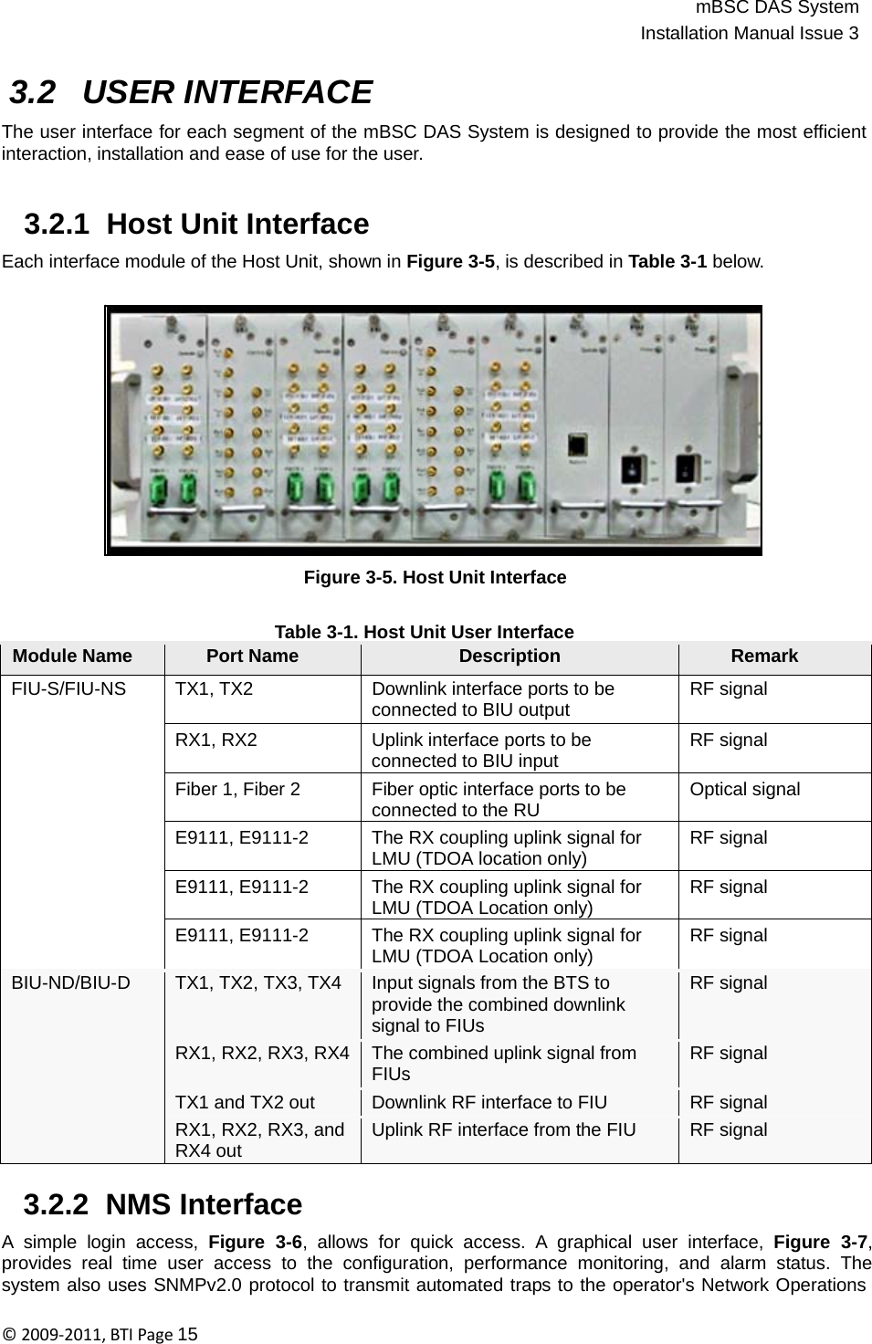 mBSC DAS SystemInstallation Manual Issue 3©2009‐2011,BTIPage15   Module Name Port Name Description Remark TX1, TX2 Downlink interface ports to be connected to BIU output RF signal RX1, RX2 Uplink interface ports to be connected to BIU input RF signal Fiber 1, Fiber 2 Fiber optic interface ports to be connected to the RU Optical signal E9111, E9111-2 The RX coupling uplink signal for LMU (TDOA location only) RF signal E9111, E9111-2 The RX coupling uplink signal for LMU (TDOA Location only) RF signal FIU-S/FIU-NS E9111, E9111-2 The RX coupling uplink signal for LMU (TDOA Location only) RF signal TX1, TX2, TX3, TX4 Input signals from the BTS to provide the combined downlink signal to FIUs RF signal RX1, RX2, RX3, RX4 The combined uplink signal from FIUs RF signal TX1 and TX2 out Downlink RF interface to FIU RF signal BIU-ND/BIU-D RX1, RX2, RX3, andRX4 out Uplink RF interface from the FIU RF signal 3.2 USER INTERFACE  The user interface for each segment of the mBSC DAS System is designed to provide the most efficient interaction, installation and ease of use for the user.   3.2.1  Host Unit Interface  Each interface module of the Host Unit, shown in Figure 3-5, is described in Table 3-1 below.                 Figure 3-5. Host Unit Interface   Table 3-1. Host Unit User Interface                               3.2.2  NMS Interface  A simple login access, Figure 3-6, allows for quick access. A graphical user interface, Figure 3-7, provides real time user access to the configuration, performance monitoring, and alarm status. The system also uses SNMPv2.0 protocol to transmit automated traps to the operator&apos;s Network Operations 