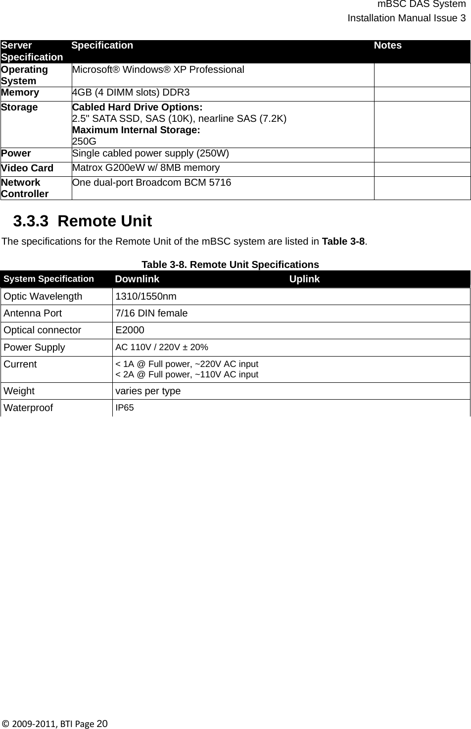 mBSC DAS SystemInstallation Manual Issue 3©2009‐2011,BTIPage20   System Specification  Downlink Uplink Optic Wavelength 1310/1550nm Antenna Port 7/16 DIN female Optical connector E2000 Power Supply AC 110V / 220V ± 20% Current &lt; 1A @ Full power, ~220V AC input &lt; 2A @ Full power, ~110V AC input Weight varies per type Waterproof IP65  Server Specification  Notes Specification Operating System Microsoft® Windows® XP Professional  Memory 4GB (4 DIMM slots) DDR3  Storage Cabled Hard Drive Options: 2.5&quot; SATA SSD, SAS (10K), nearline SAS (7.2K) Maximum Internal Storage: 250G  Power Single cabled power supply (250W)  Video Card Matrox G200eW w/ 8MB memory  Network Controller One dual-port Broadcom BCM 5716   3.3.3  Remote Unit  The specifications for the Remote Unit of the mBSC system are listed in Table 3-8.  Table 3-8. Remote Unit Specifications 